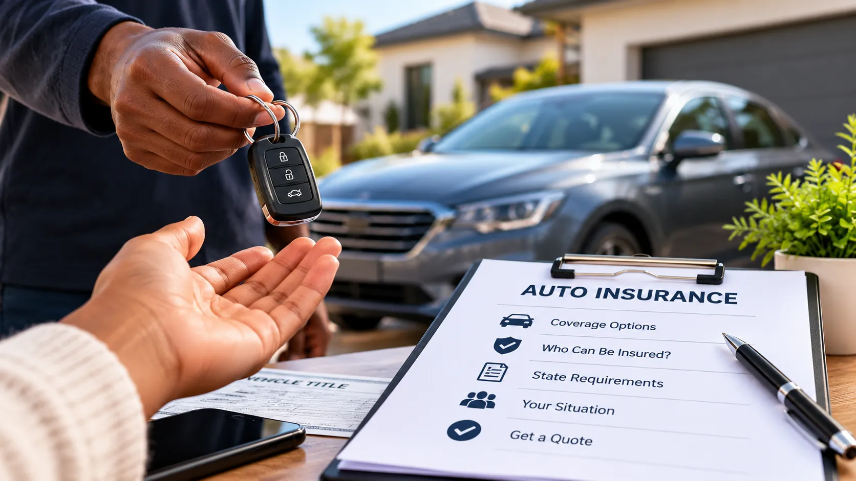 Driver reviewing vehicle ownership, insurance policy and registration information beside a car.