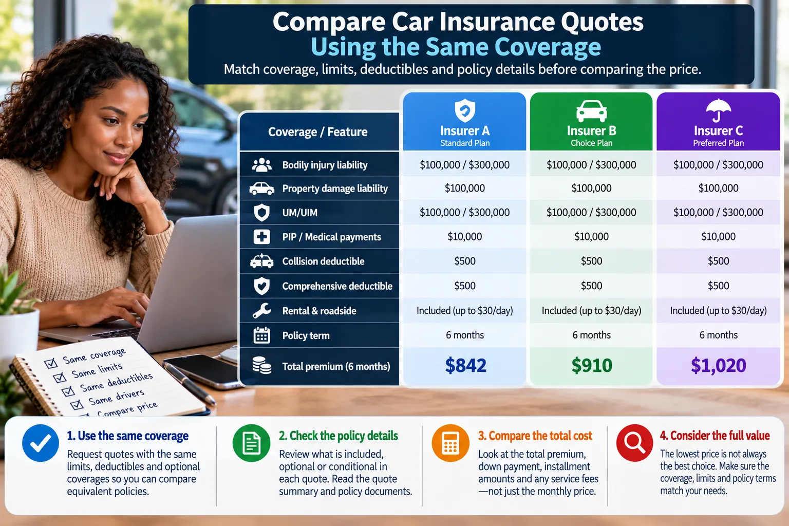 Car insurance quotes compared using the same coverage limits, deductibles and policy terms