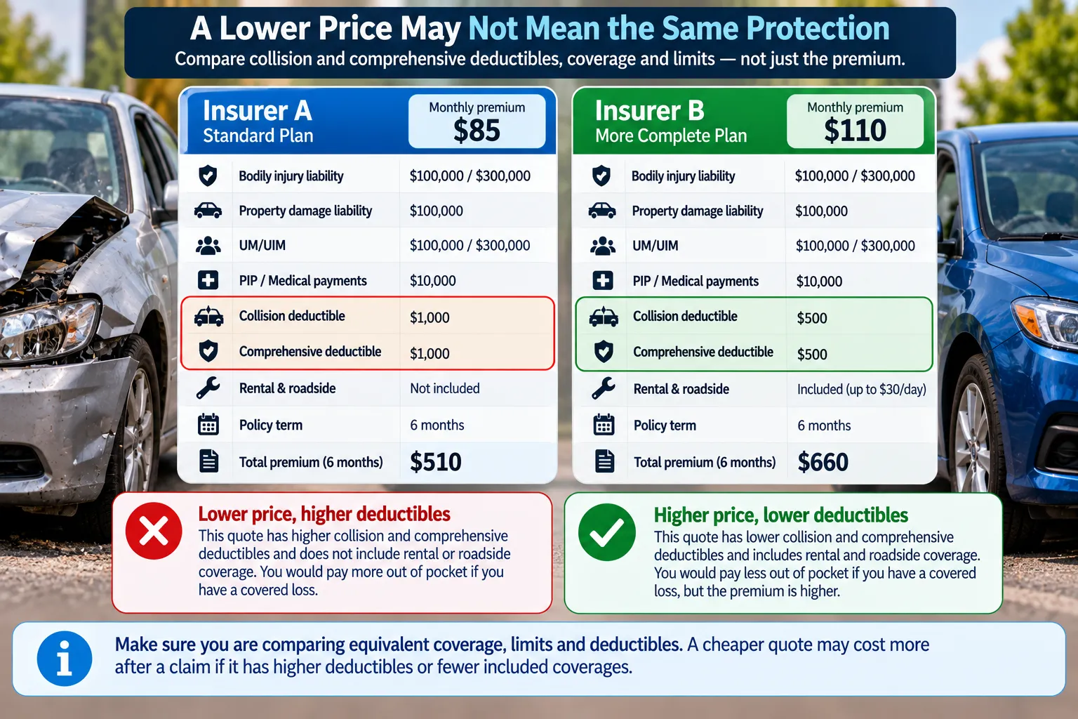 Comparison showing how different car insurance deductibles and included coverage can affect quote prices