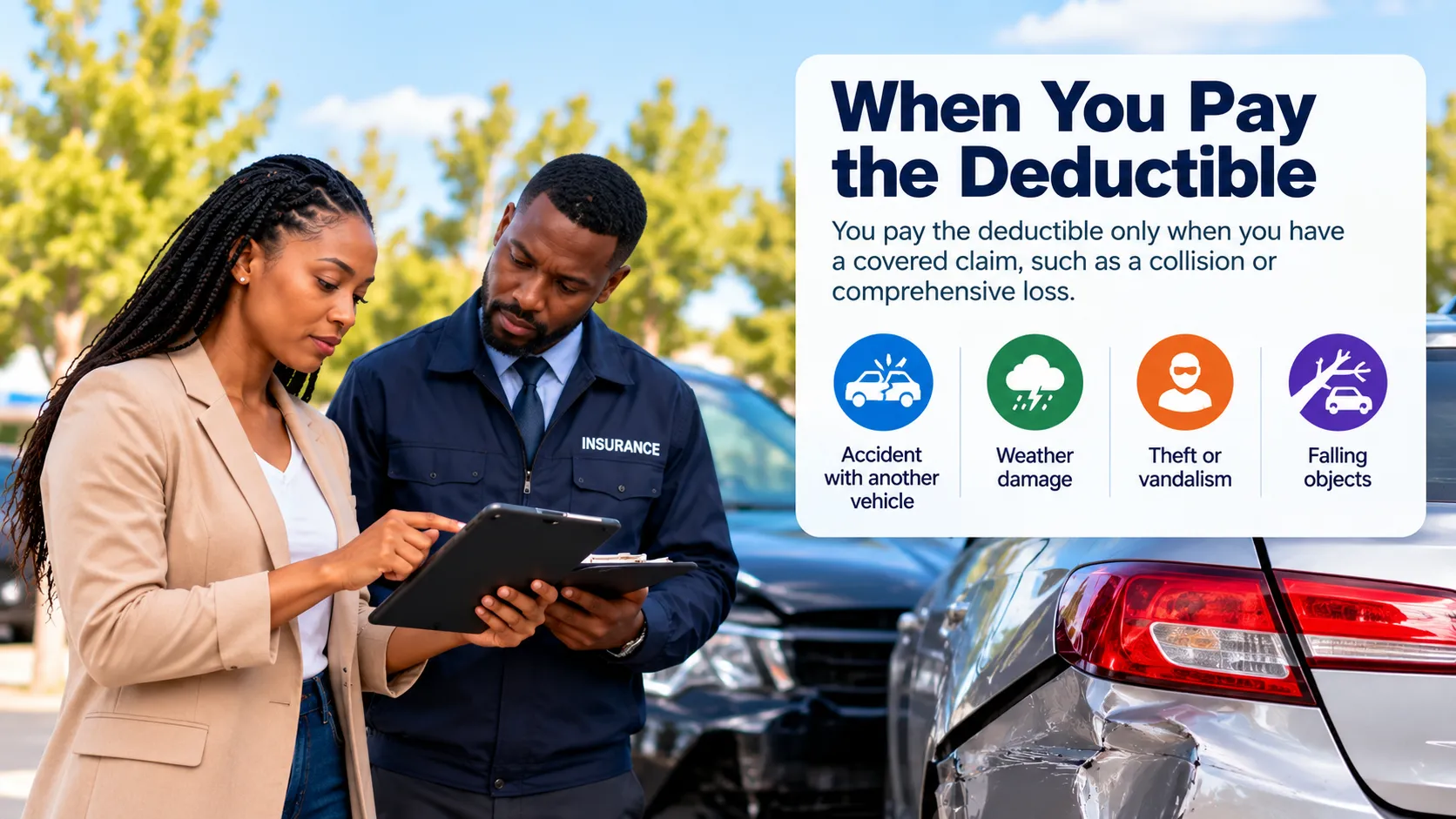 Driver and insurance representative reviewing damage after a minor car accident.