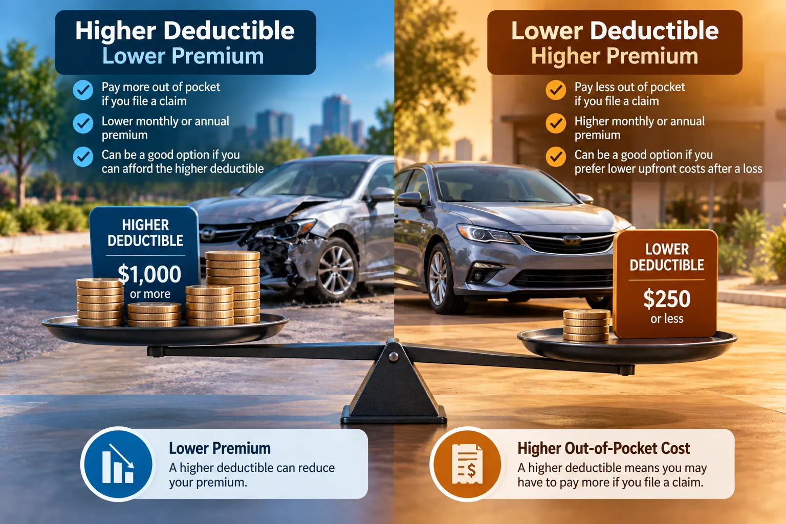 Car insurance deductible and premium trade-off showing higher and lower deductible options