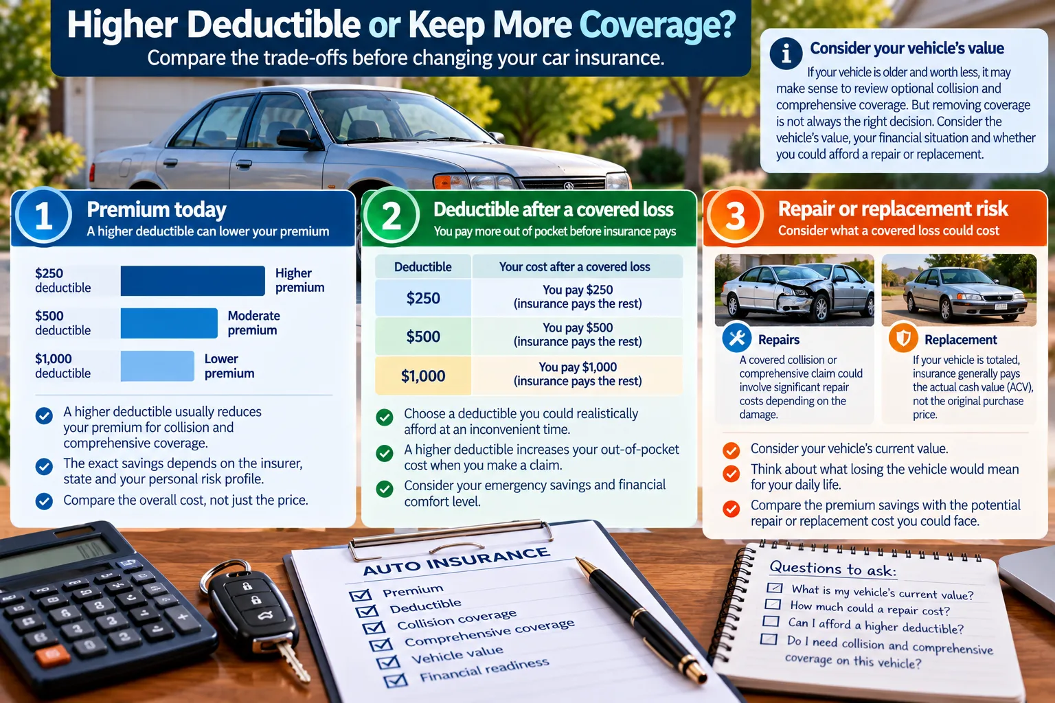 Car insurance deductible and coverage trade-offs comparing premium cost, out-of-pocket deductible and vehicle repair or replacement risk