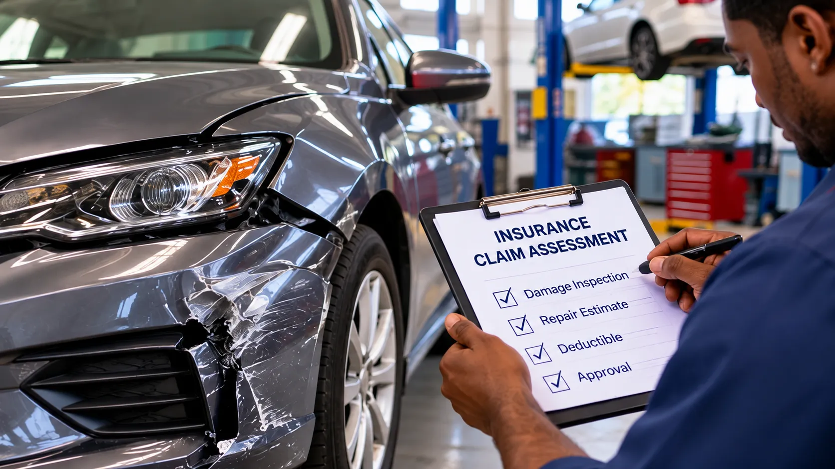 Car being assessed at a repair shop after damage, illustrating how an auto insurance deductible applies to a covered repair.