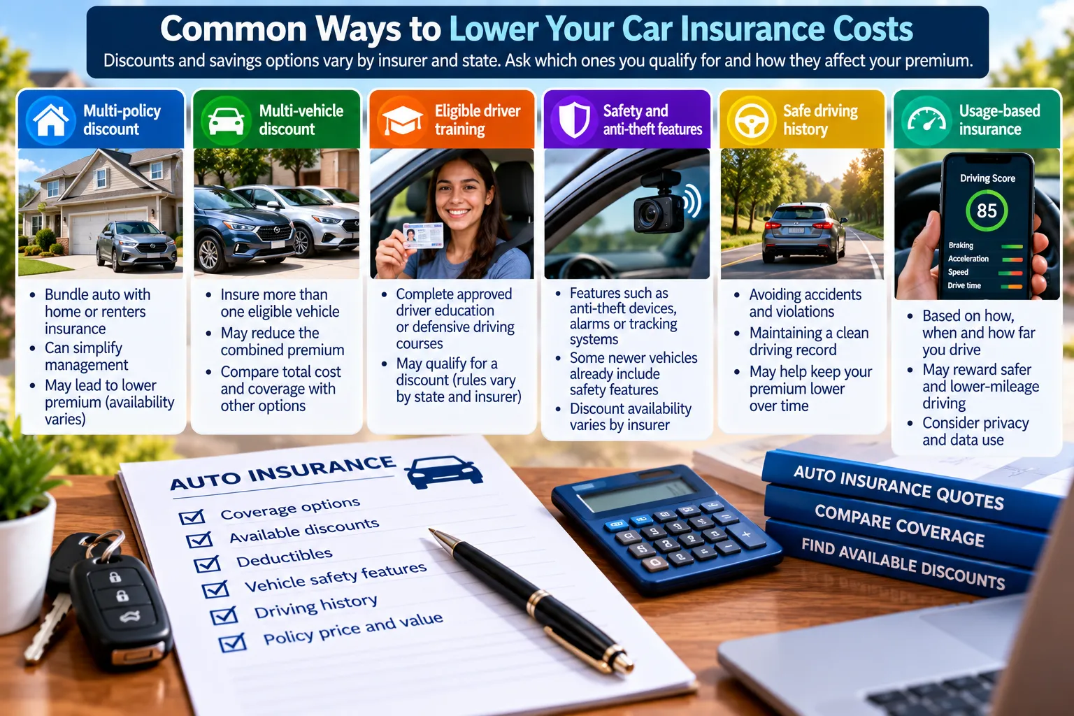 Car insurance savings options including multi-policy, multi-vehicle, driver training and vehicle safety discounts