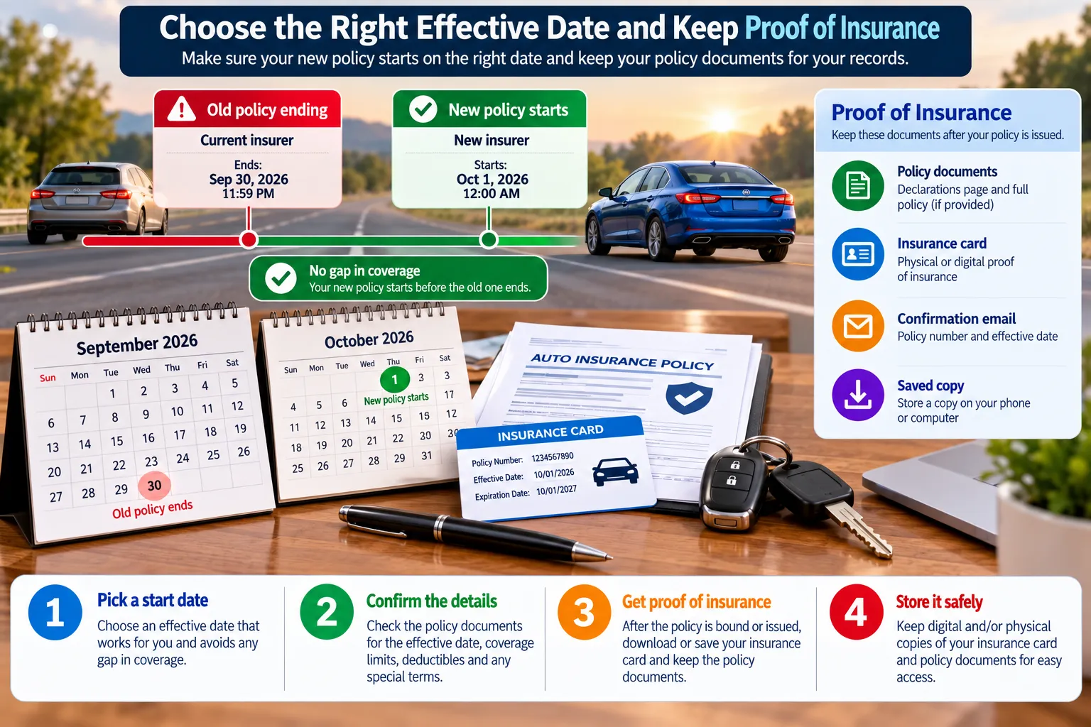 Car insurance effective-date timeline and proof-of-insurance documents showing how to avoid a coverage gap