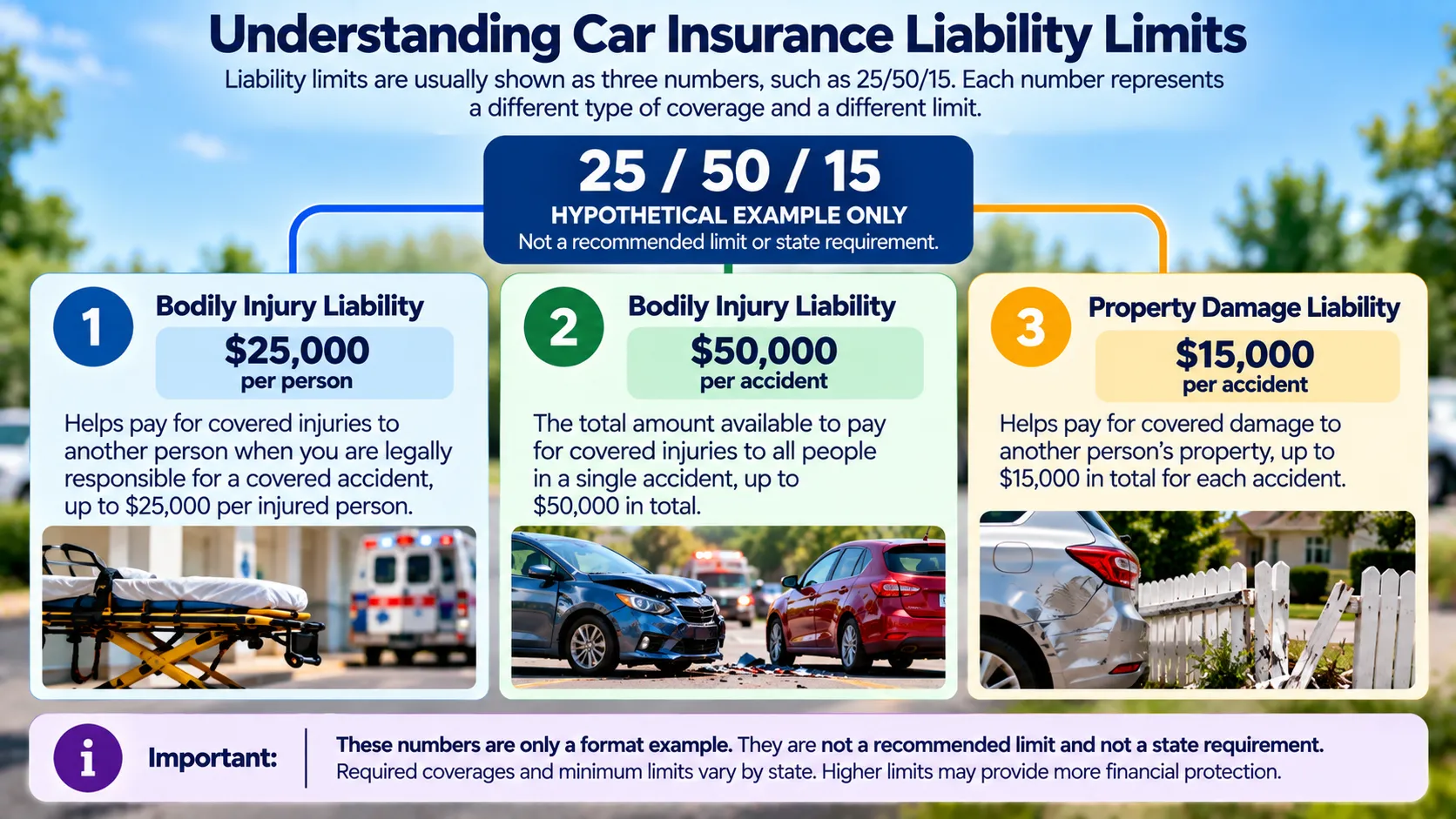 Example explaining 25/50/15 split liability limits for bodily injury per person, bodily injury per accident and property damage per accident.