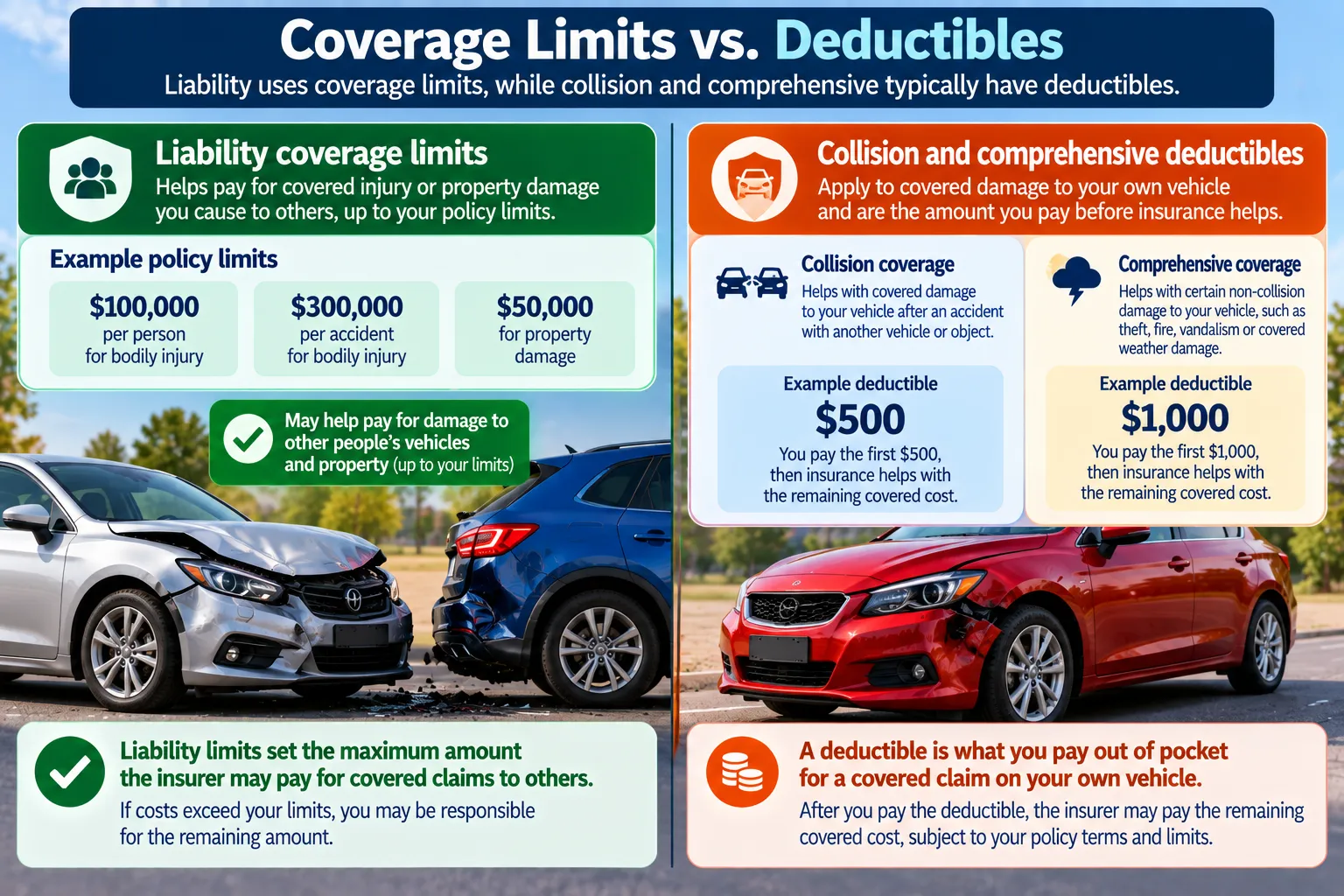 Car insurance comparison showing liability coverage limits versus collision and comprehensive deductibles