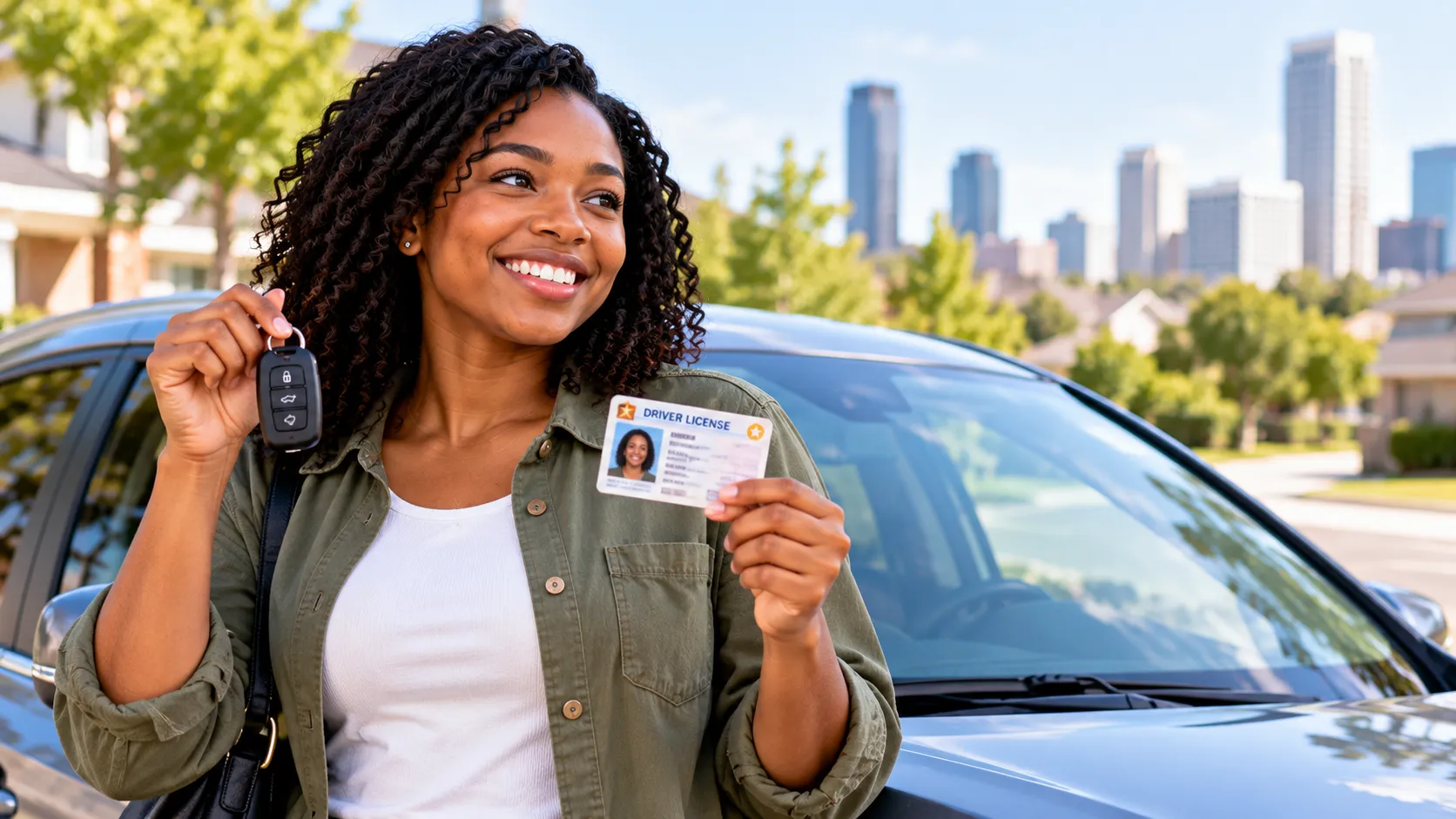Adult newly licensed driver reviewing car insurance coverage and quote information beside a vehicle.