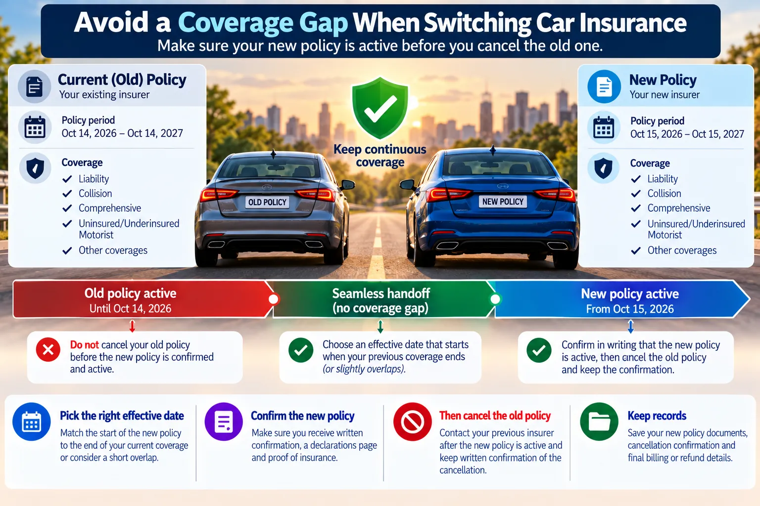 Old and new car insurance policy timeline showing how to switch insurers without an unintended coverage gap