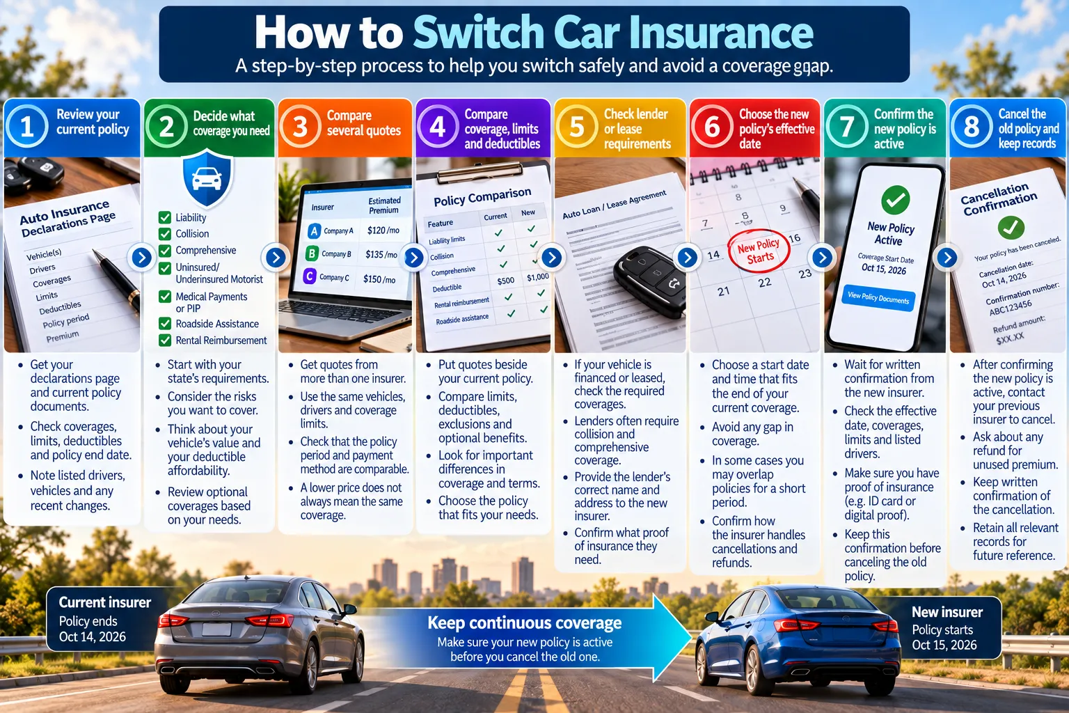 Step-by-step car insurance switching process from reviewing the current policy through activating replacement coverage and cancelling the old policy