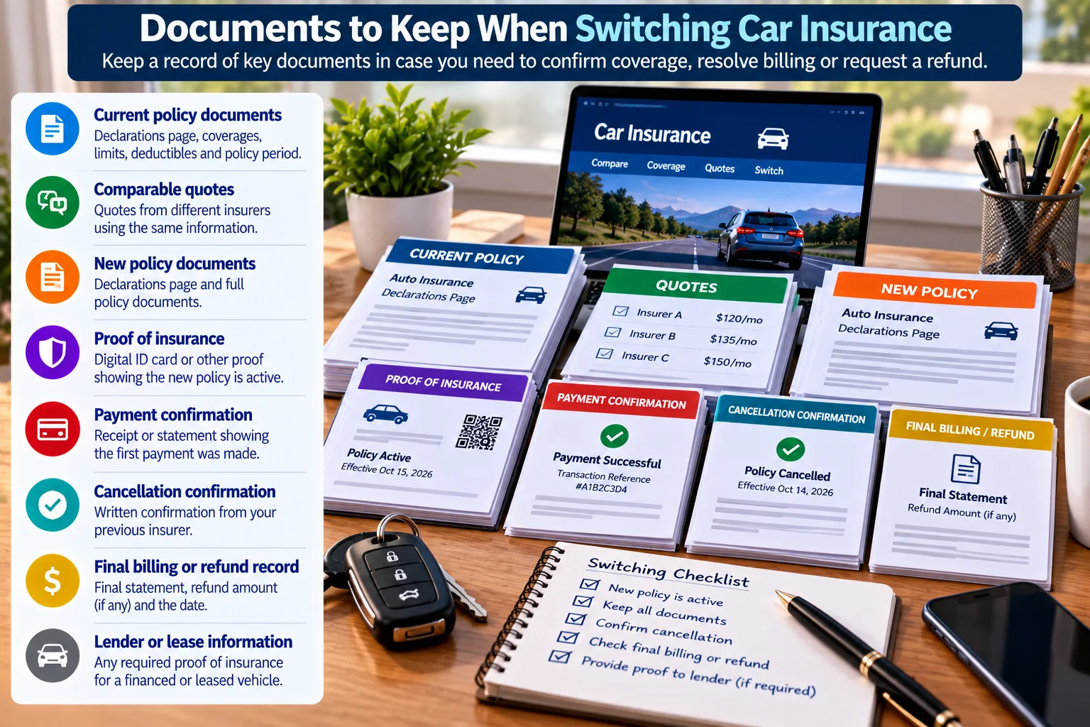 Documents and records to keep when switching car insurance including policy documents, proof of insurance and cancellation confirmation