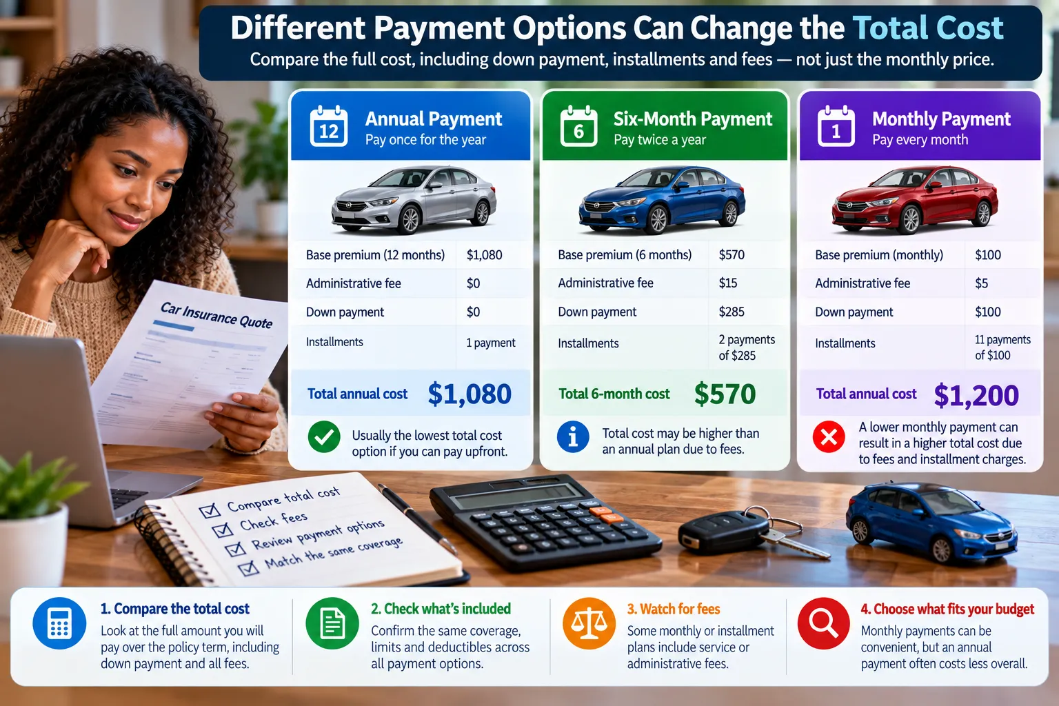 Comparison of annual, six-month and monthly car insurance payment costs and fees