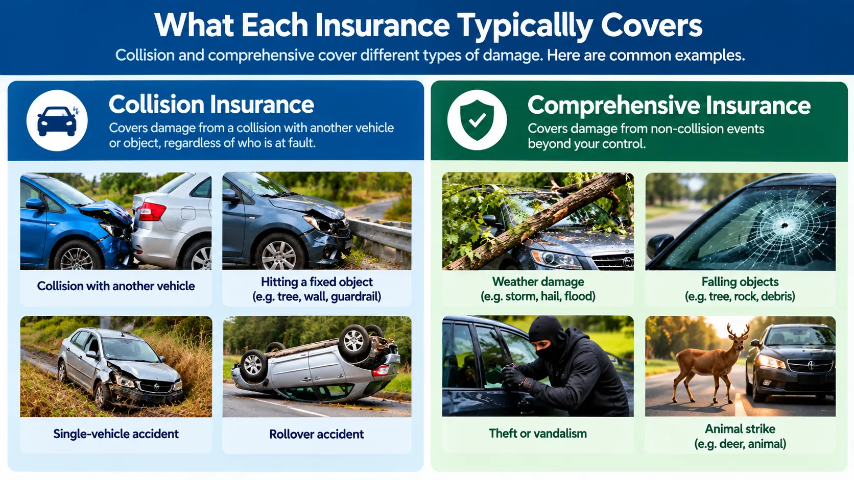 Examples of damage typically associated with collision and comprehensive car insurance coverage.
