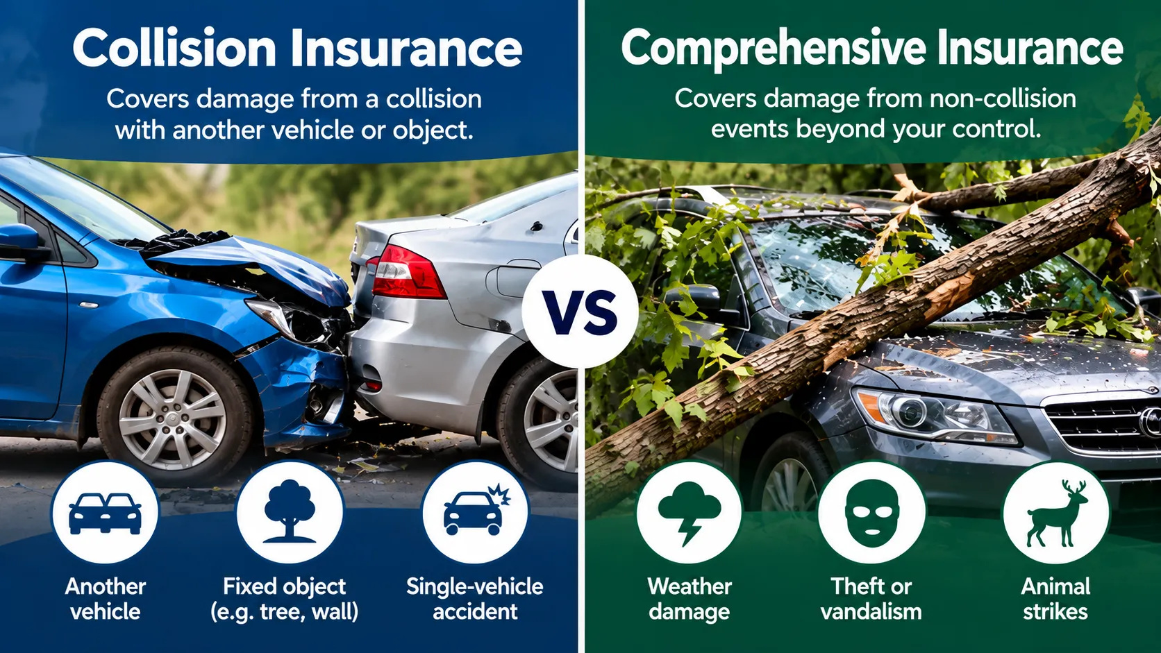 Comparison of collision insurance for crash damage and comprehensive insurance for non-collision damage such as weather, theft and animal strikes.