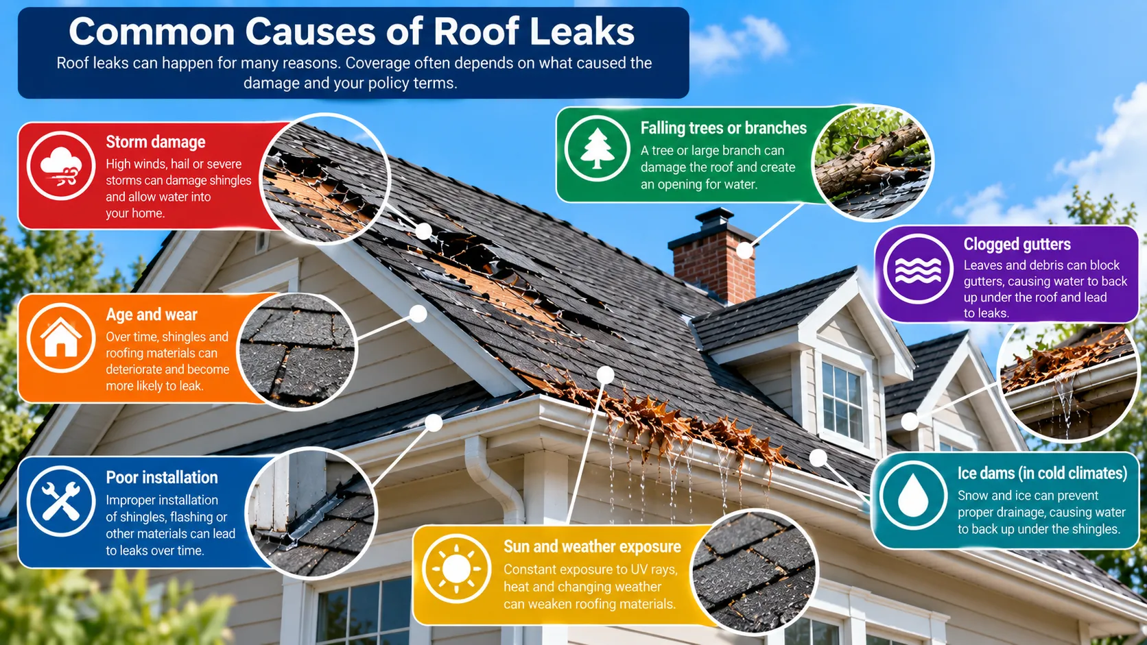 Common causes of roof leaks including wind, hail, falling branches, snow and ice, aging, maintenance, installation issues and weather exposure