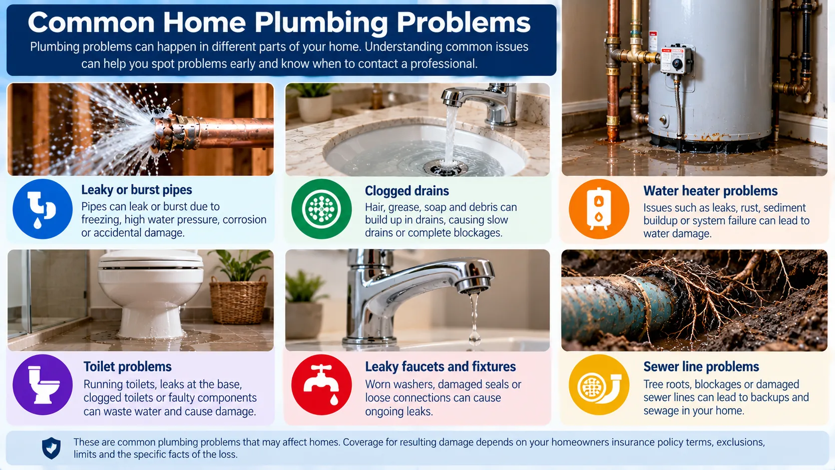 Common home plumbing problems including burst pipes, clogged drains, water heater leaks, toilet overflows, fixture leaks and sewer line issues.