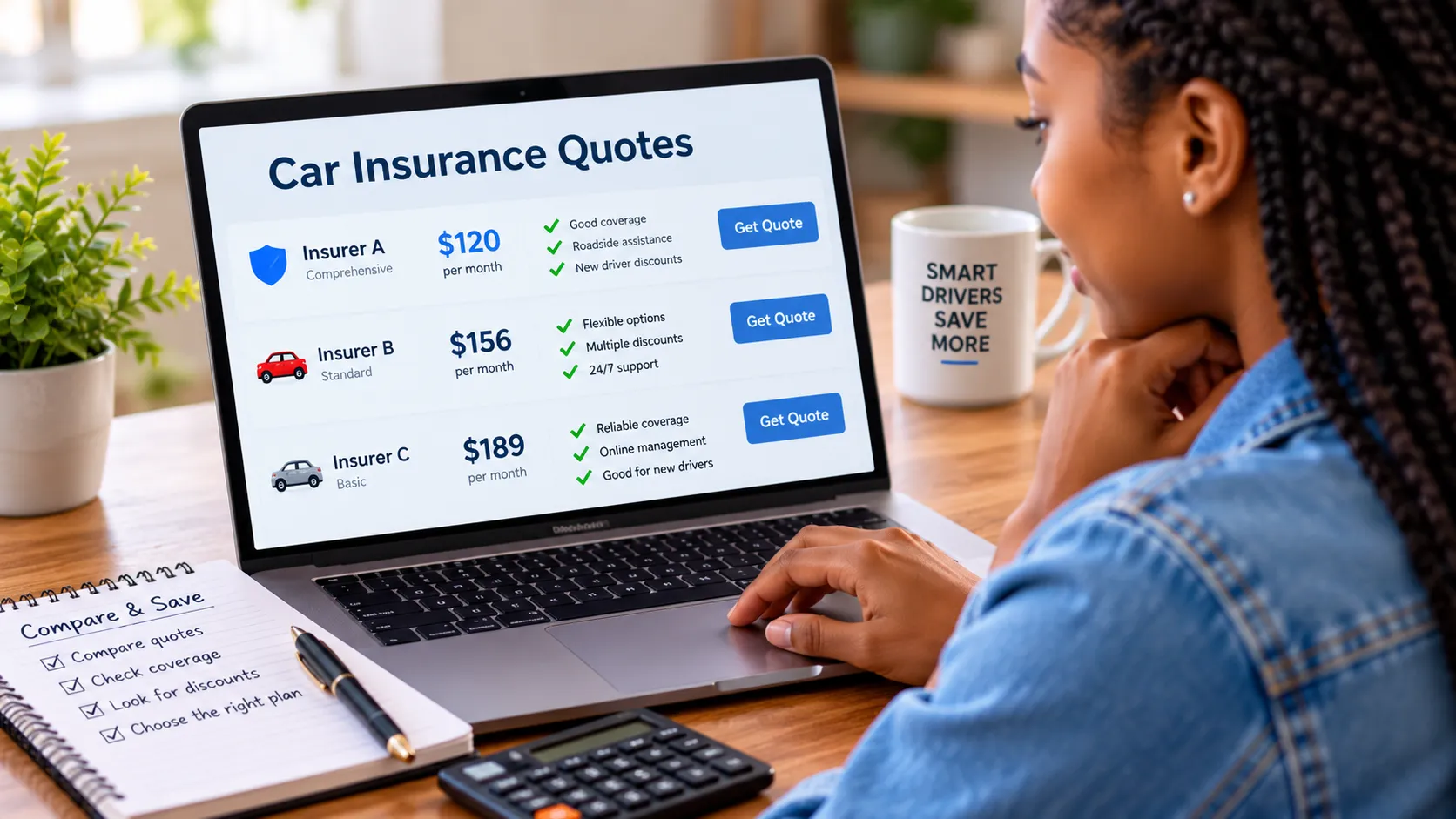 New driver comparing equivalent car insurance quotes with the same coverage limits, deductibles and vehicle details