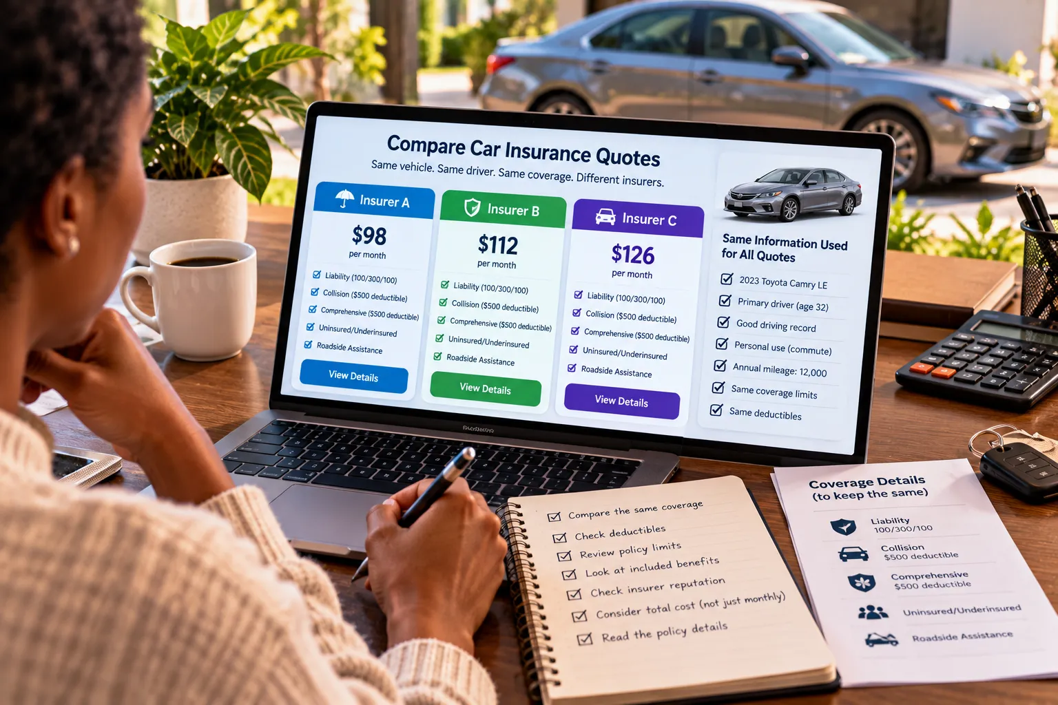 Driver comparing car insurance quotes using the same vehicle, coverage limits and deductibles