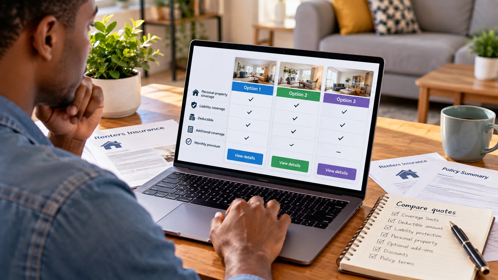 Renter comparing insurance coverage options and policy details on a laptop.