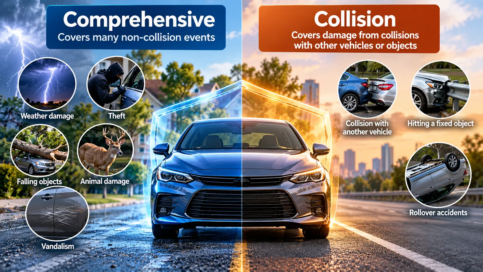 Comparison of comprehensive and collision car insurance showing examples of non-collision damage and collision-related vehicle damage.