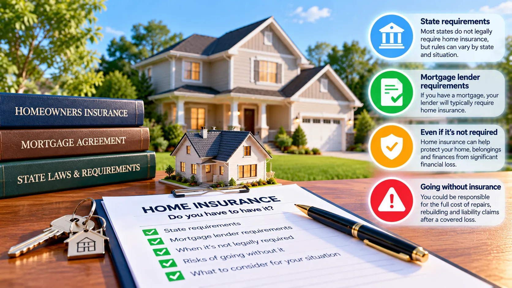 Home insurance and mortgage documents beside a house showing legal, lender and financial considerations for homeowners insurance.