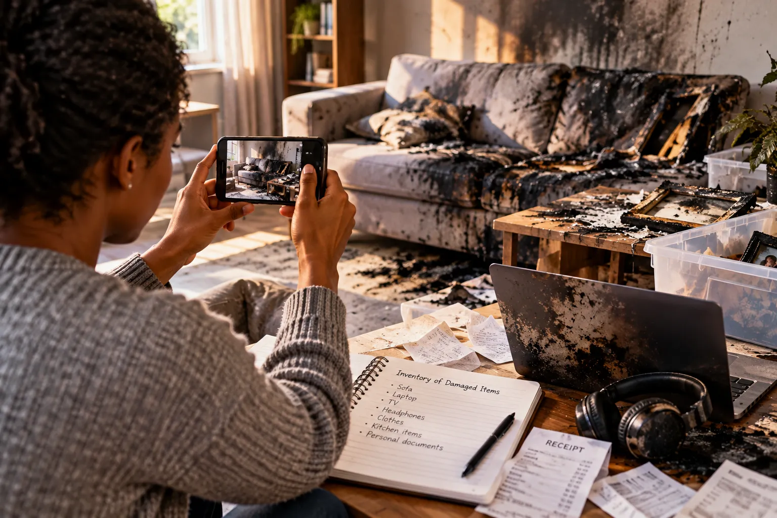 Renter photographing and documenting belongings damaged by a fire.