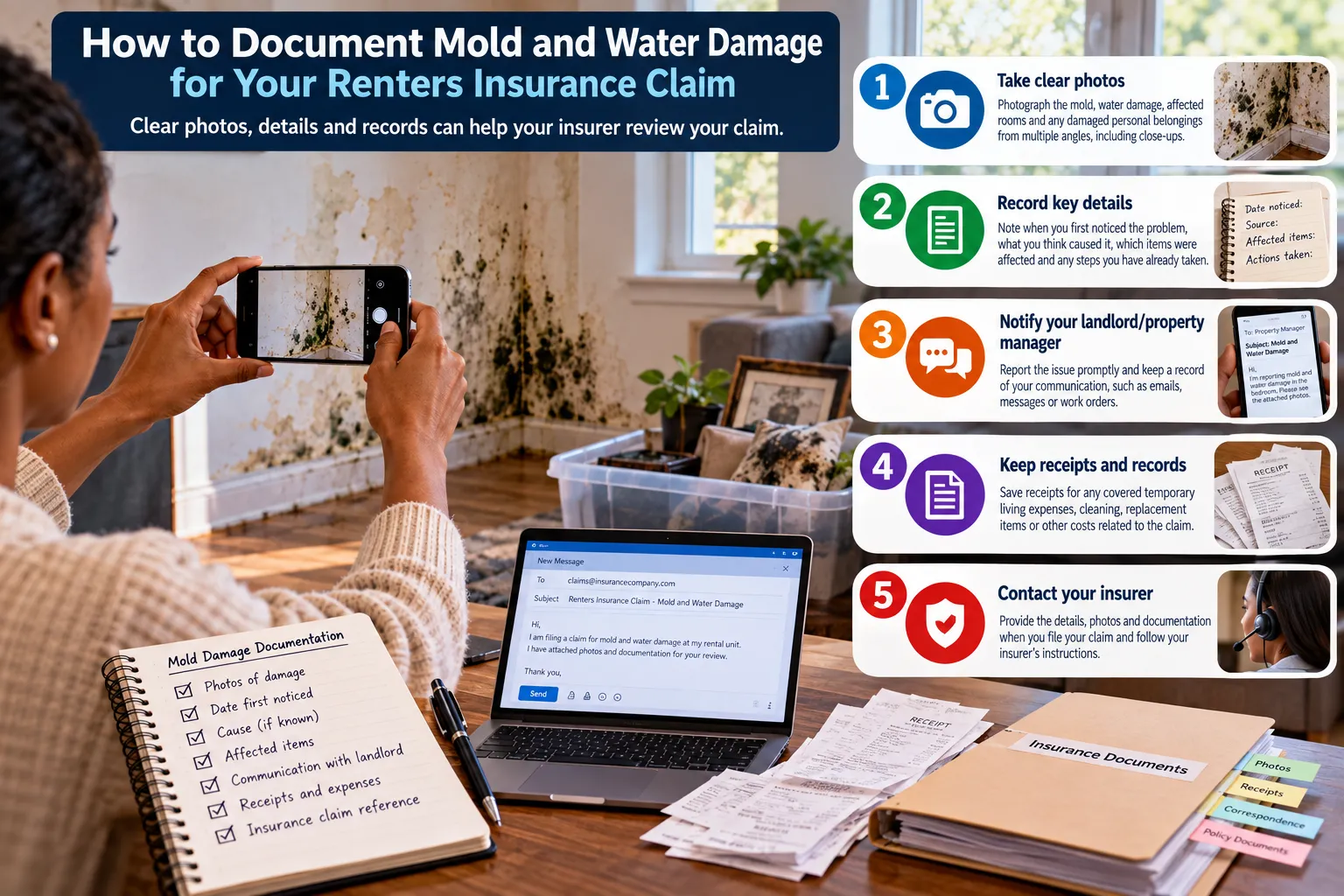 Renter photographing mold and organizing water-damage records for an insurance claim