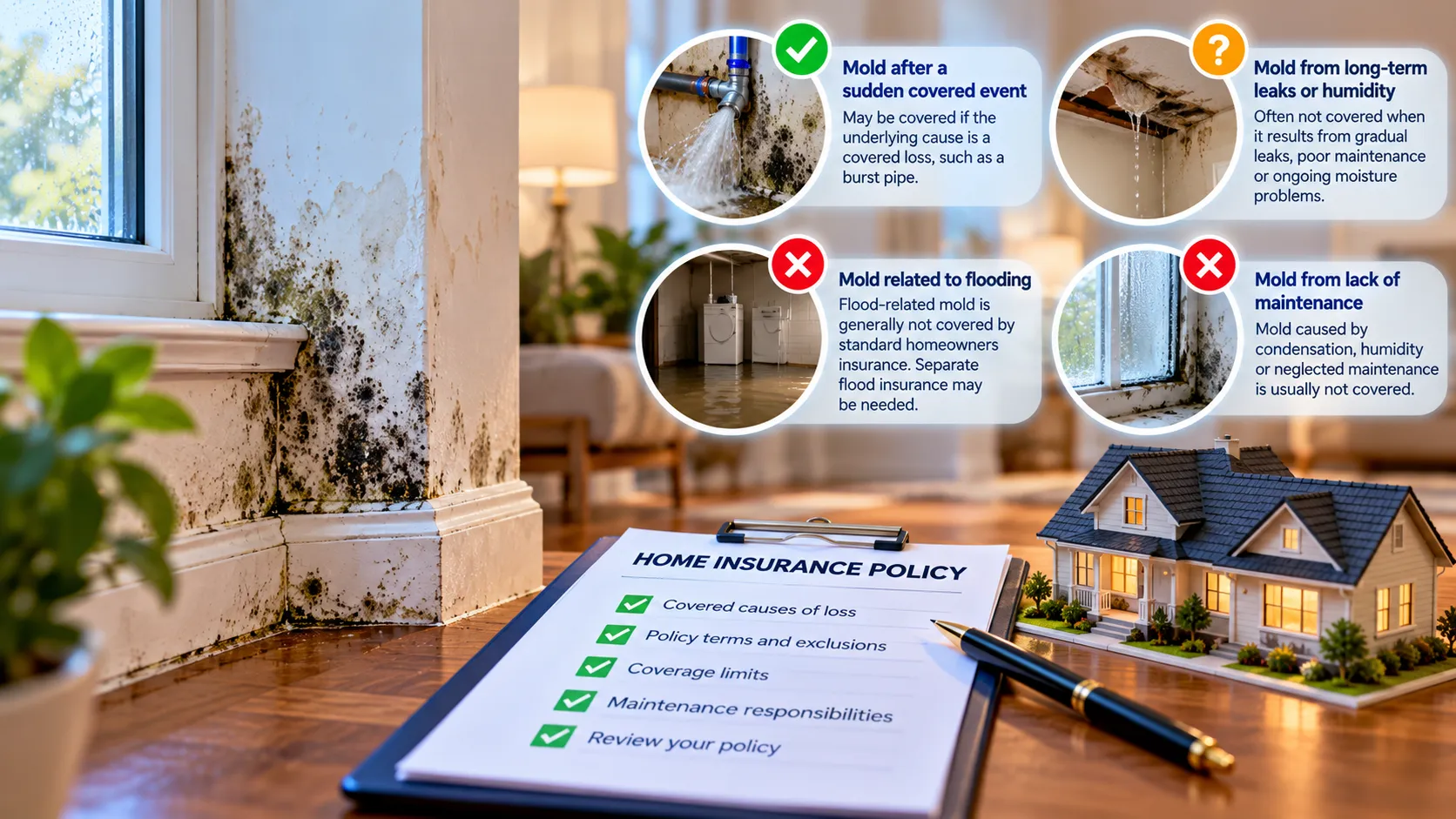 Mold and water damage in a home alongside an insurance policy showing factors that can affect whether mold damage is covered.