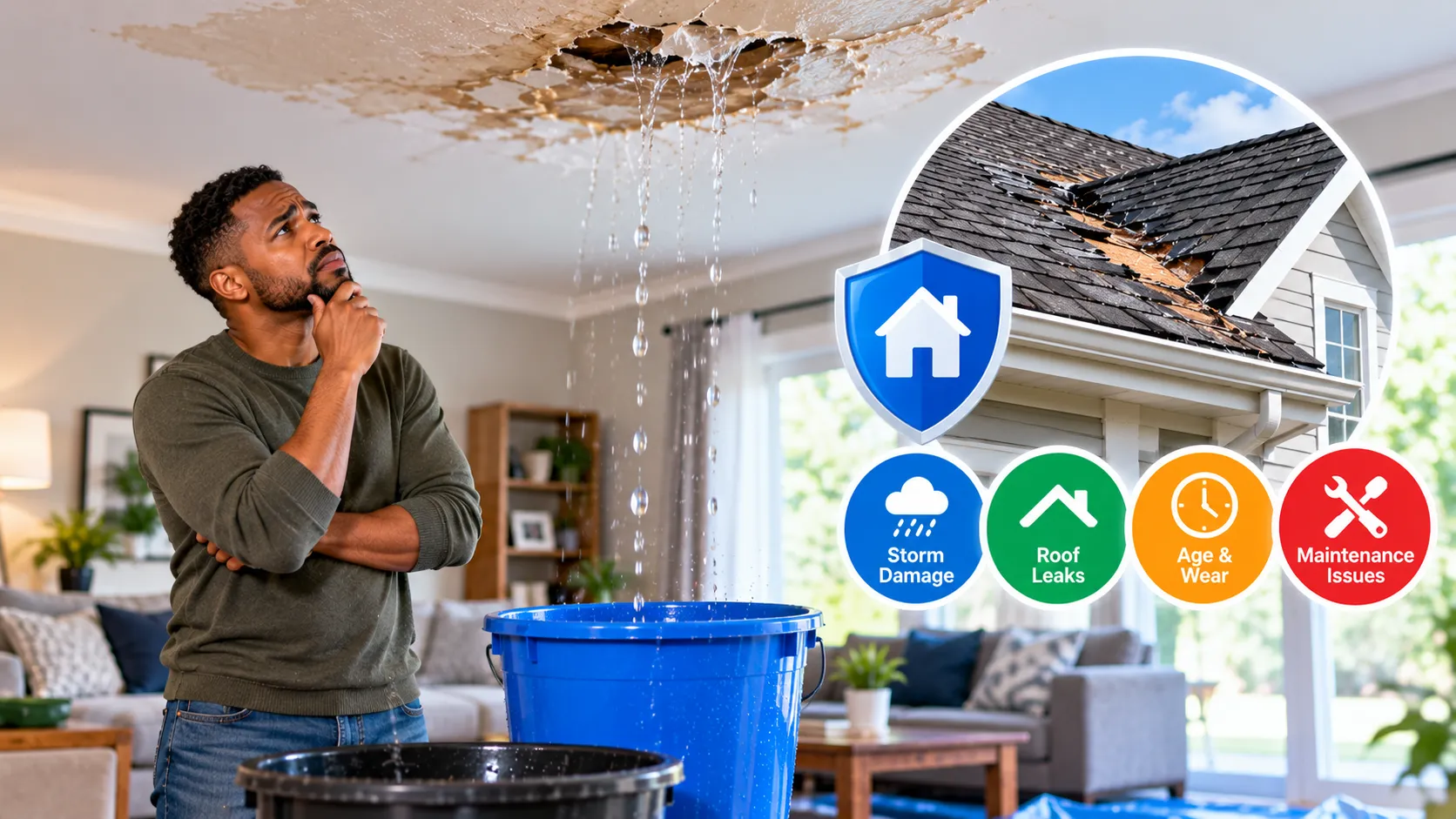 Homeowner reviewing roof leak damage and homeowners insurance information after a storm.