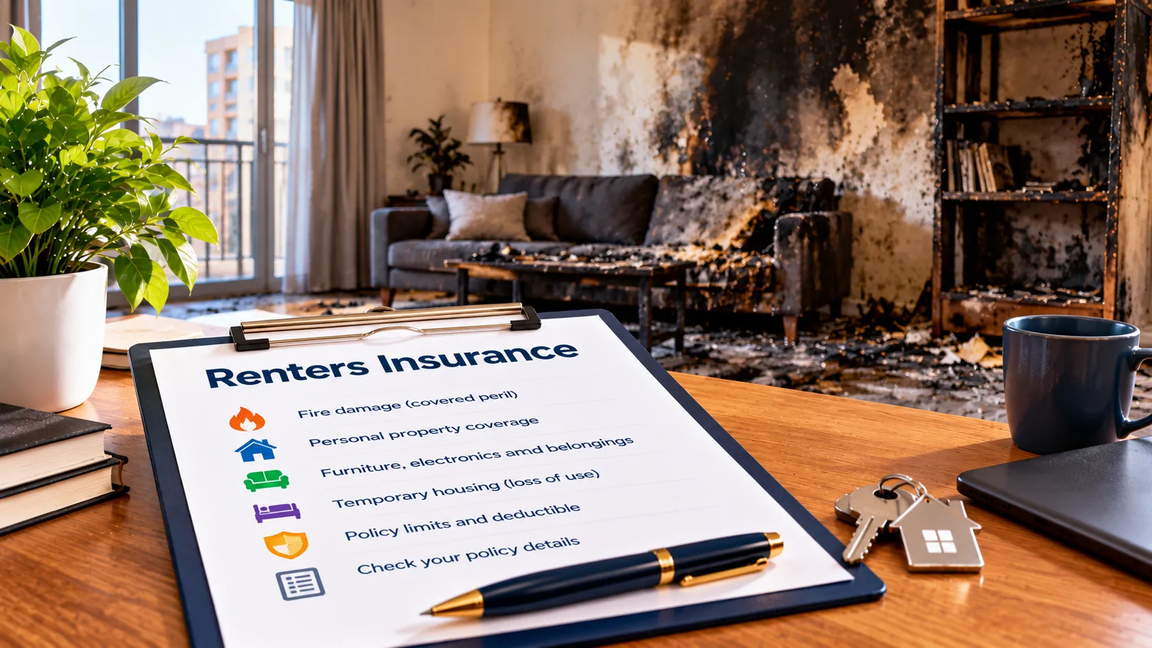 Fire-damaged rental apartment beside renters insurance information illustrating personal property and loss-of-use coverage after a covered fire.