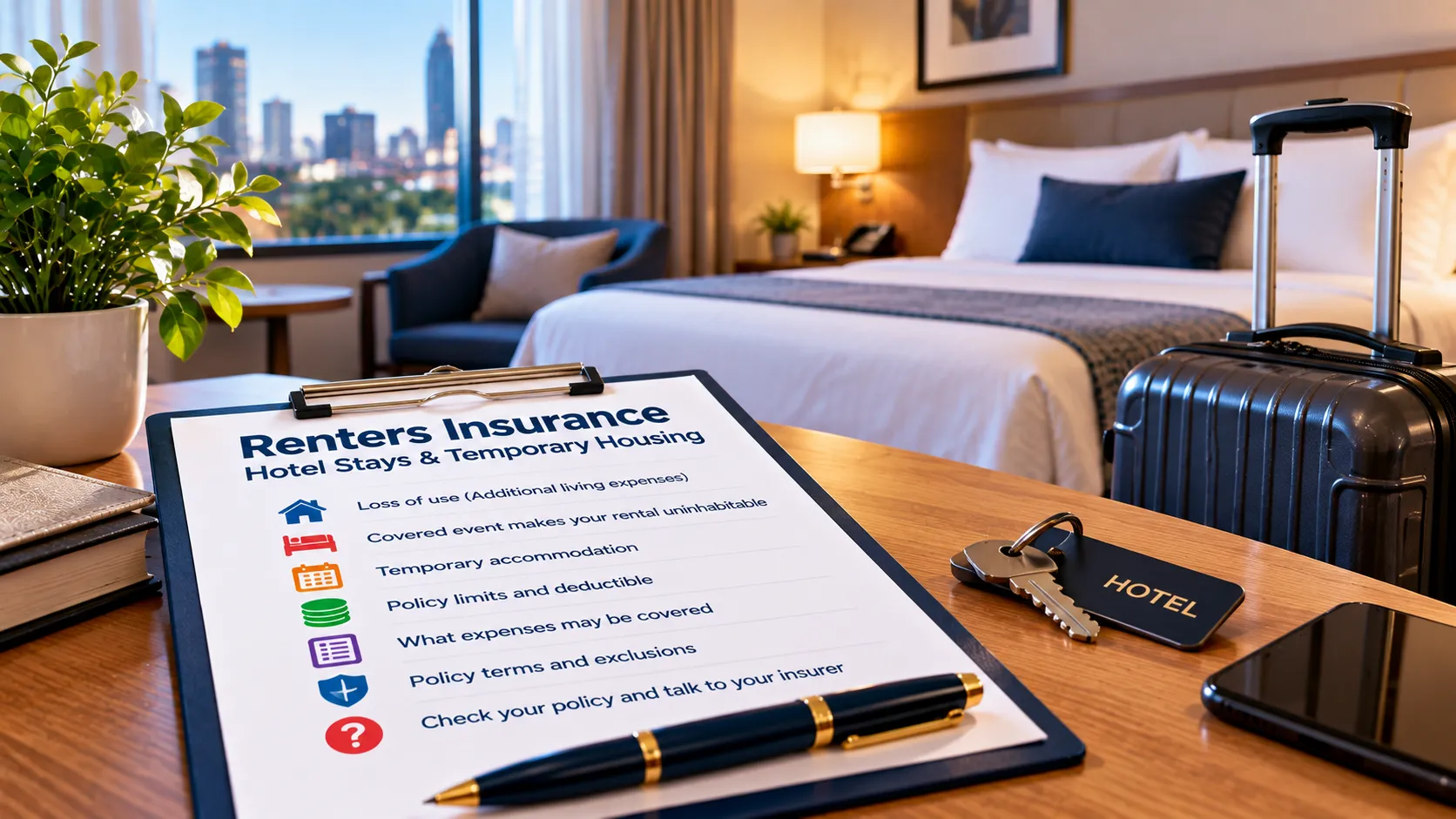 Hotel room, luggage and renters insurance information illustrating loss-of-use coverage for temporary housing after a covered loss.