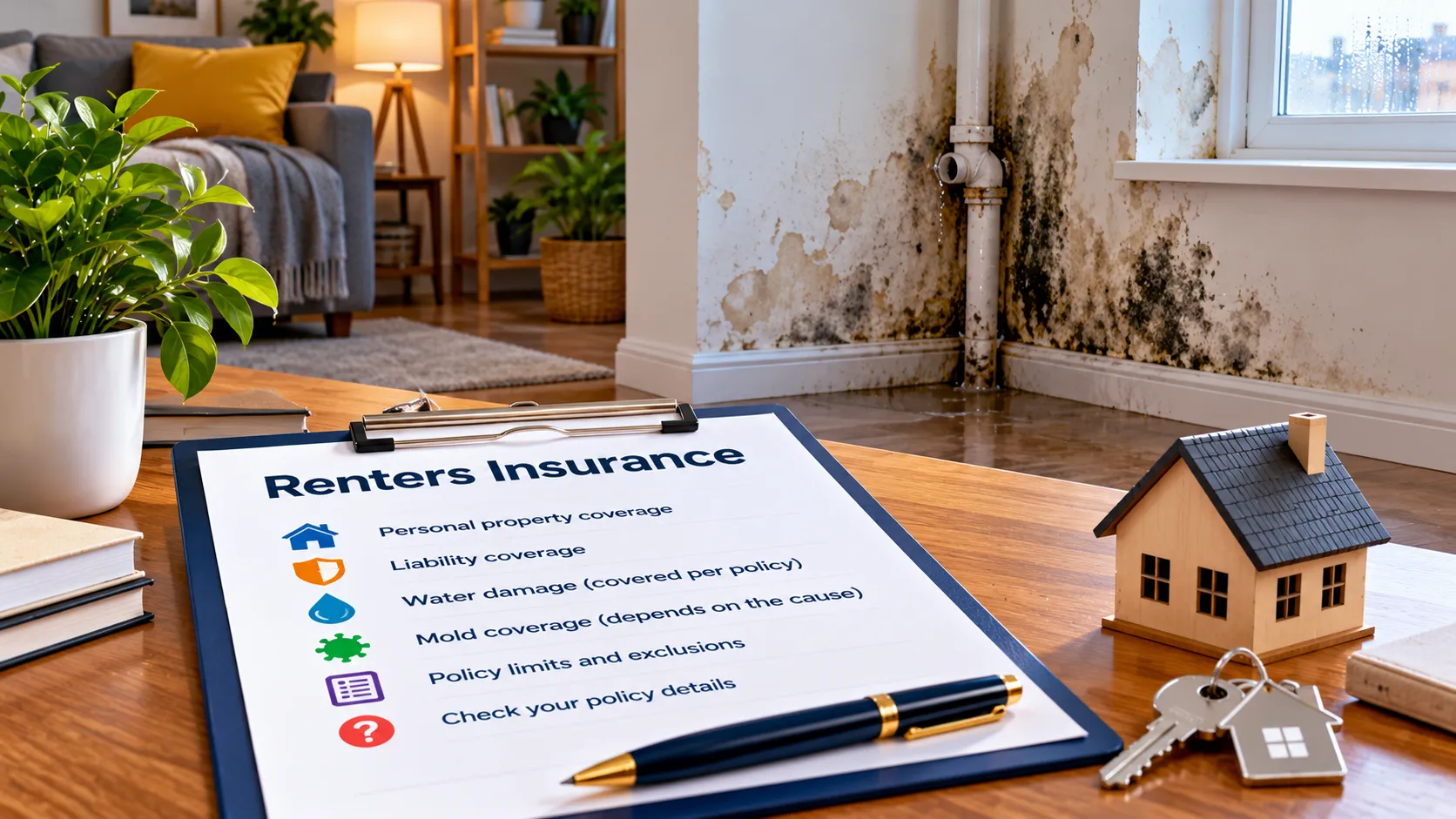 Mold and water damage in a rental home beside a renters insurance policy showing that mold coverage can depend on the cause and policy terms.