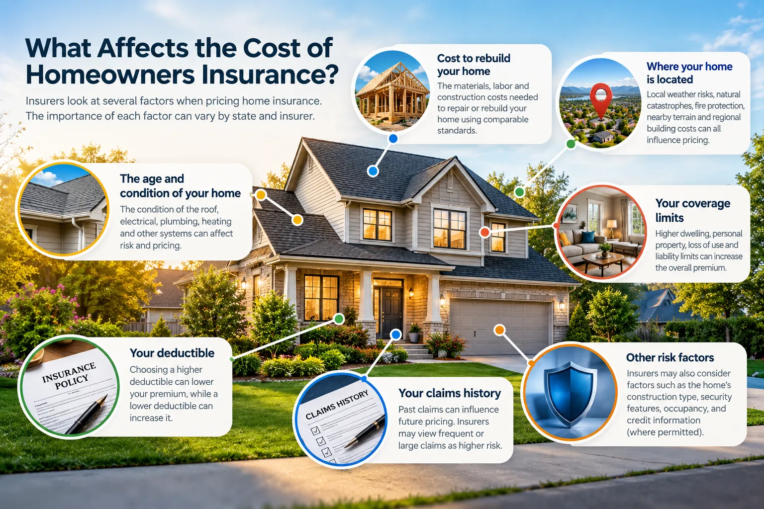 Infographic showing factors that can affect homeowners insurance cost, including rebuilding cost, location, home condition, coverage choices, deductible and claims history.