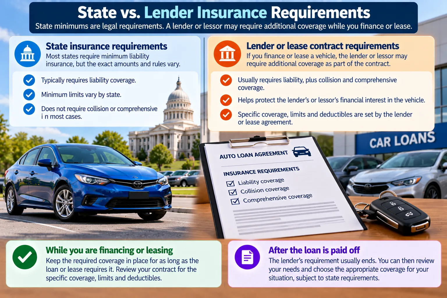 State car insurance requirements compared with lender or lease coverage requirements for a financed vehicle