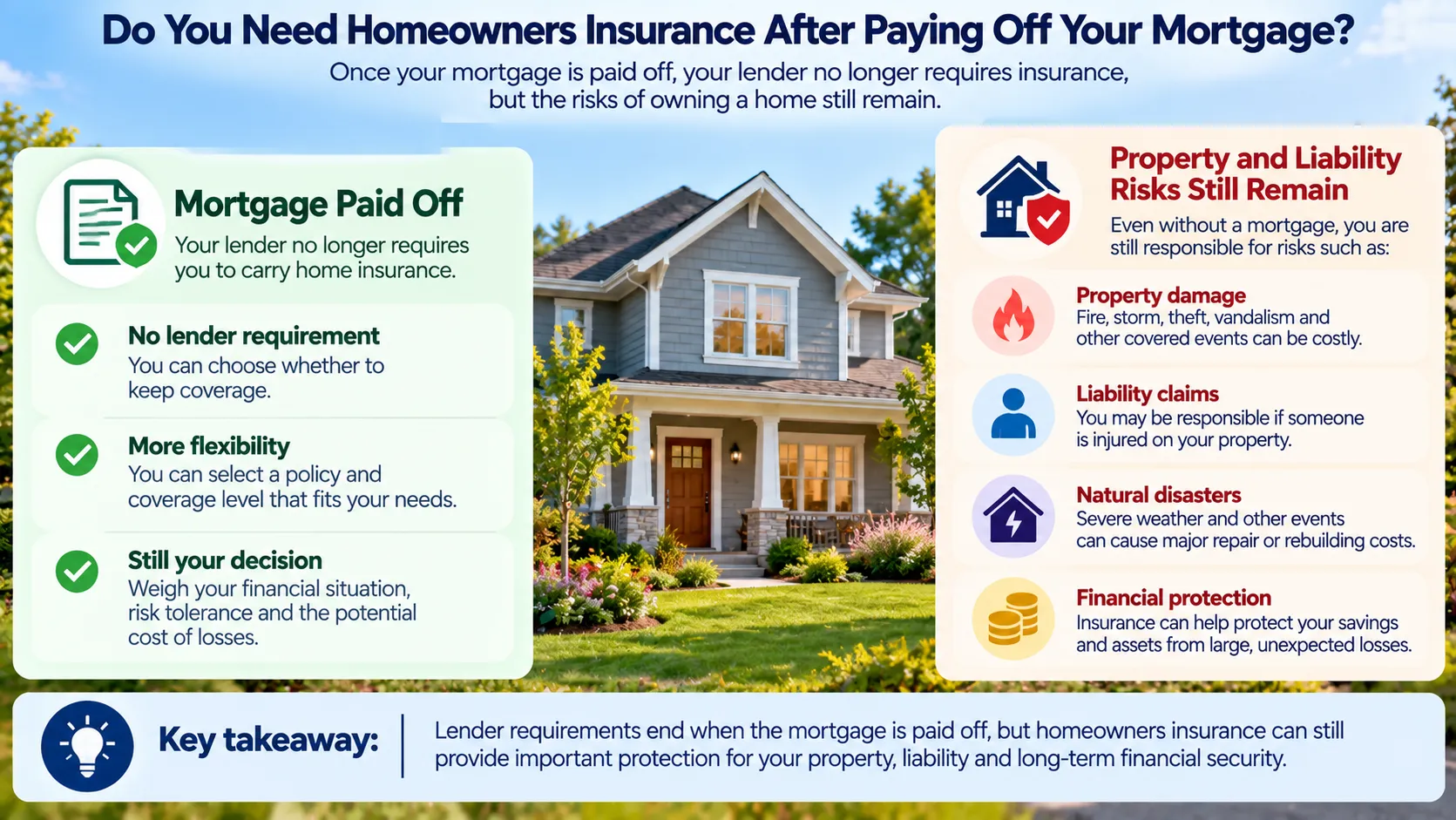 Diagram comparing the end of a mortgage lender insurance requirement with property and liability risks that remain after paying off a mortgage.