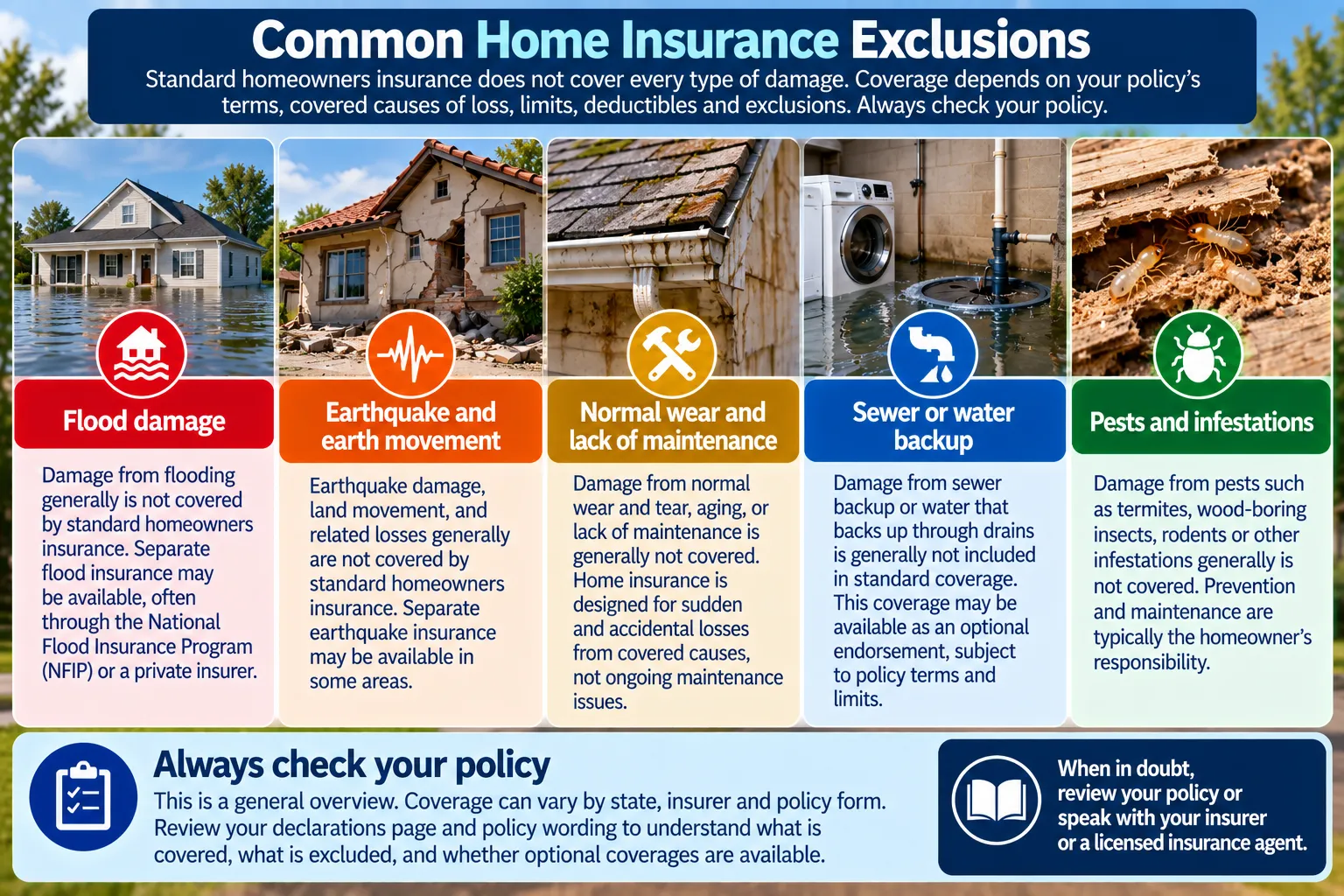 Common homeowners insurance exclusions and limitations including flood, earthquake, maintenance, water backup and pest damage