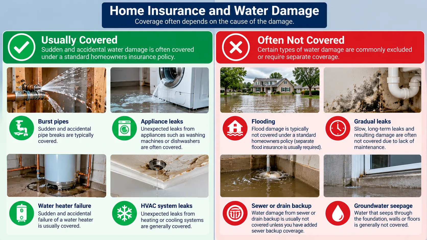 Illustrative comparison of sudden accidental water damage that may be covered and gradual, flood, maintenance or backup damage that may be excluded or limited