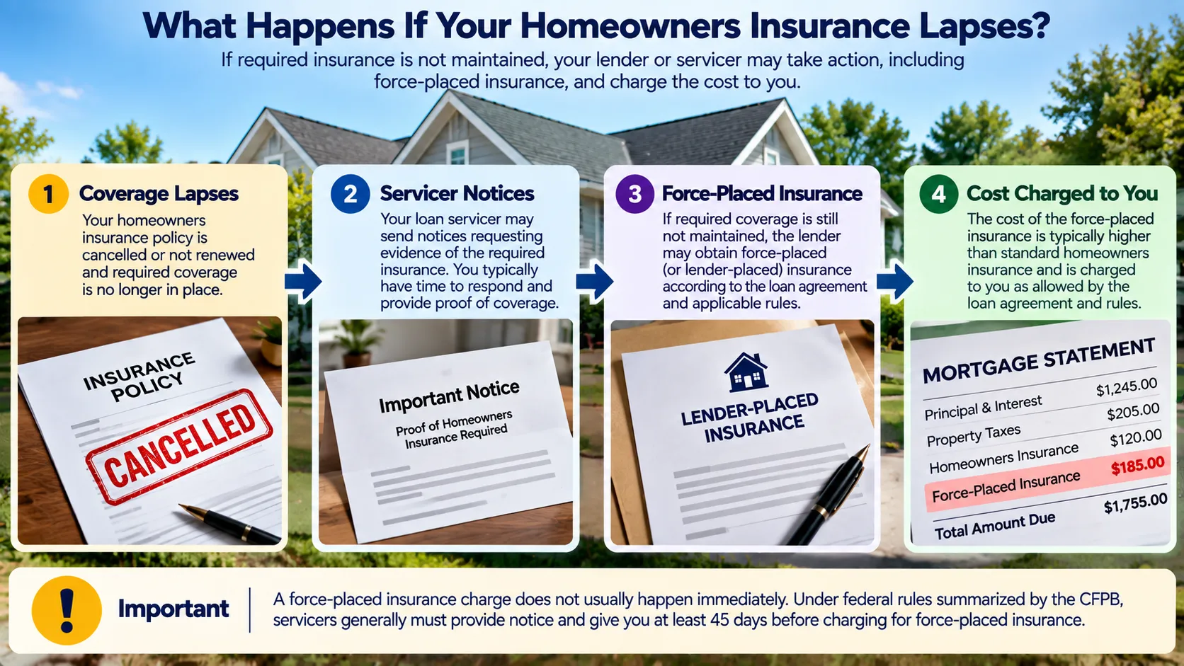 Diagram showing how a homeowners insurance lapse can lead to servicer notices and possible force-placed insurance.
