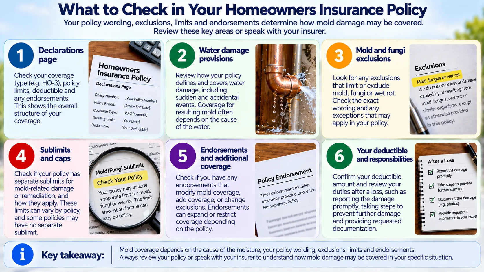 Checklist of homeowners insurance policy sections to review when evaluating mold coverage, including water damage provisions, exclusions, sublimits, endorsements, deductibles and duties after a loss.