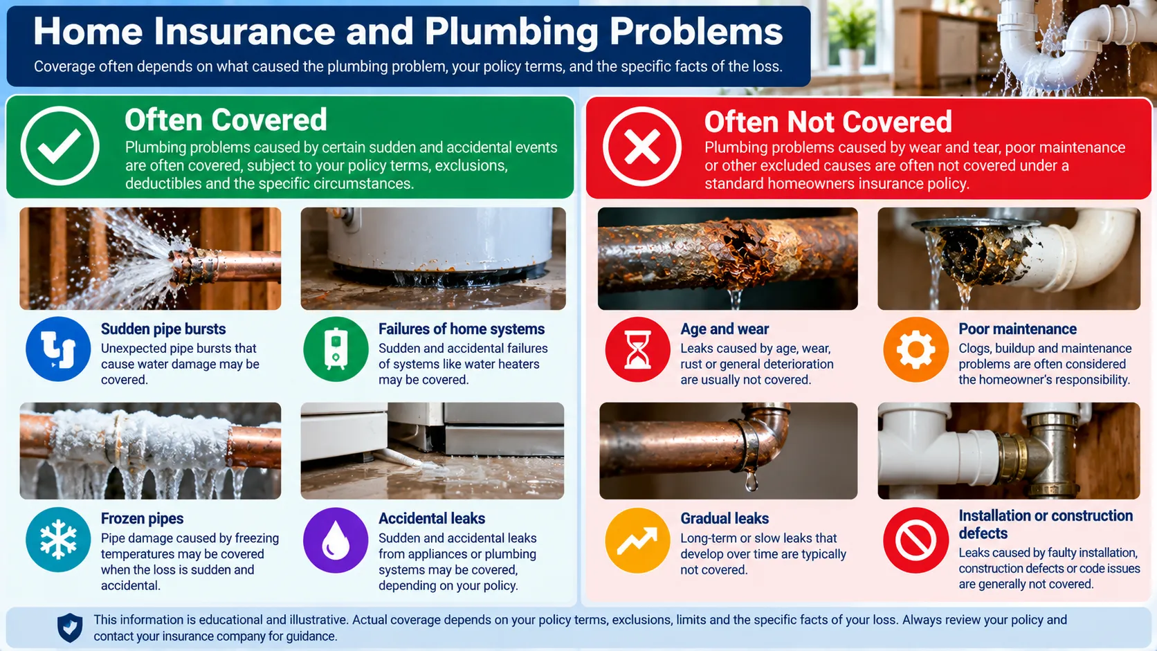 Educational comparison of sudden plumbing damage that may be covered and gradual or maintenance-related problems that may not be covered.