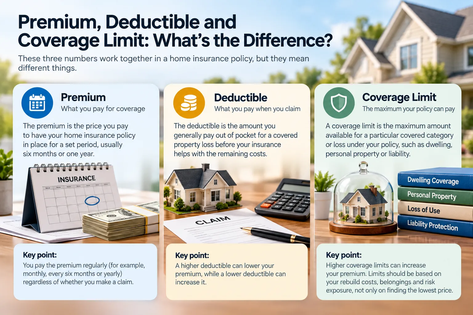 Infographic explaining the difference between a home insurance premium, deductible and coverage limit.