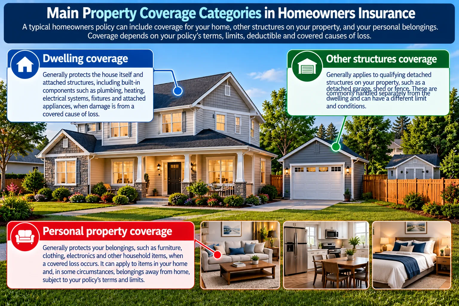Homeowners insurance property coverage categories showing the dwelling, detached structures and personal belongings
