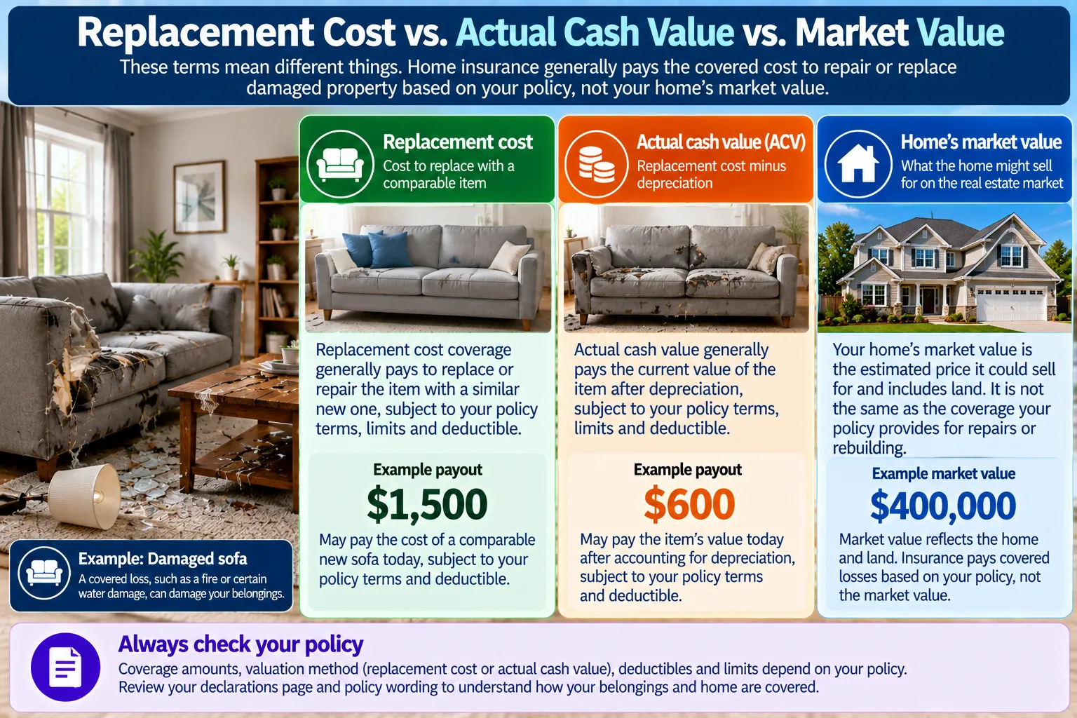 Replacement cost and actual cash value compared with a home’s market value for homeowners insurance