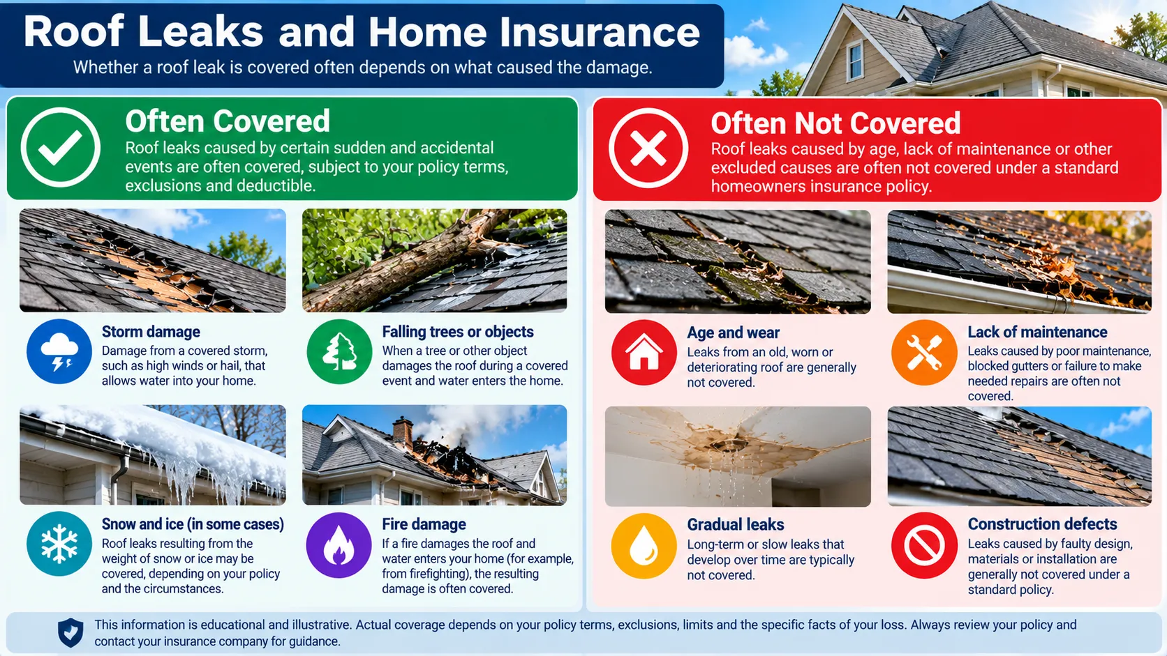 Illustrative comparison of roof leaks associated with sudden covered damage and leaks associated with wear, deterioration, maintenance or gradual conditions