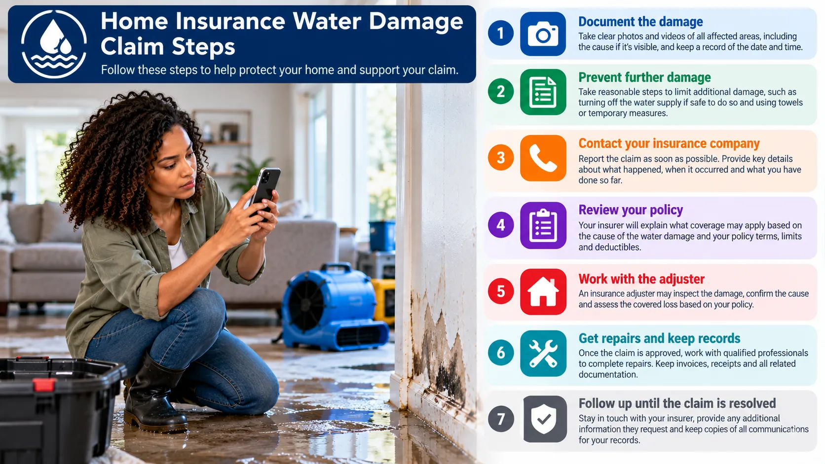 Homeowner documenting water damage, retaining receipts and contacting an insurer after taking safe steps to limit further damage