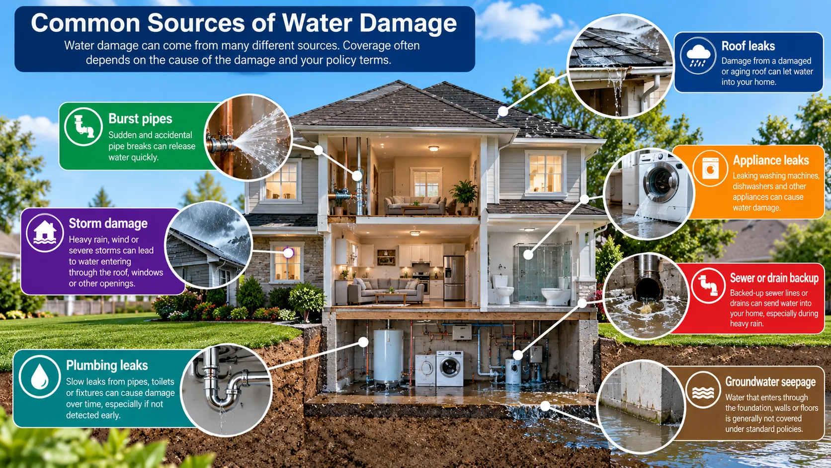 Common home water-damage sources including burst pipes, plumbing, appliances, roof leaks, rain, backup, groundwater and flooding