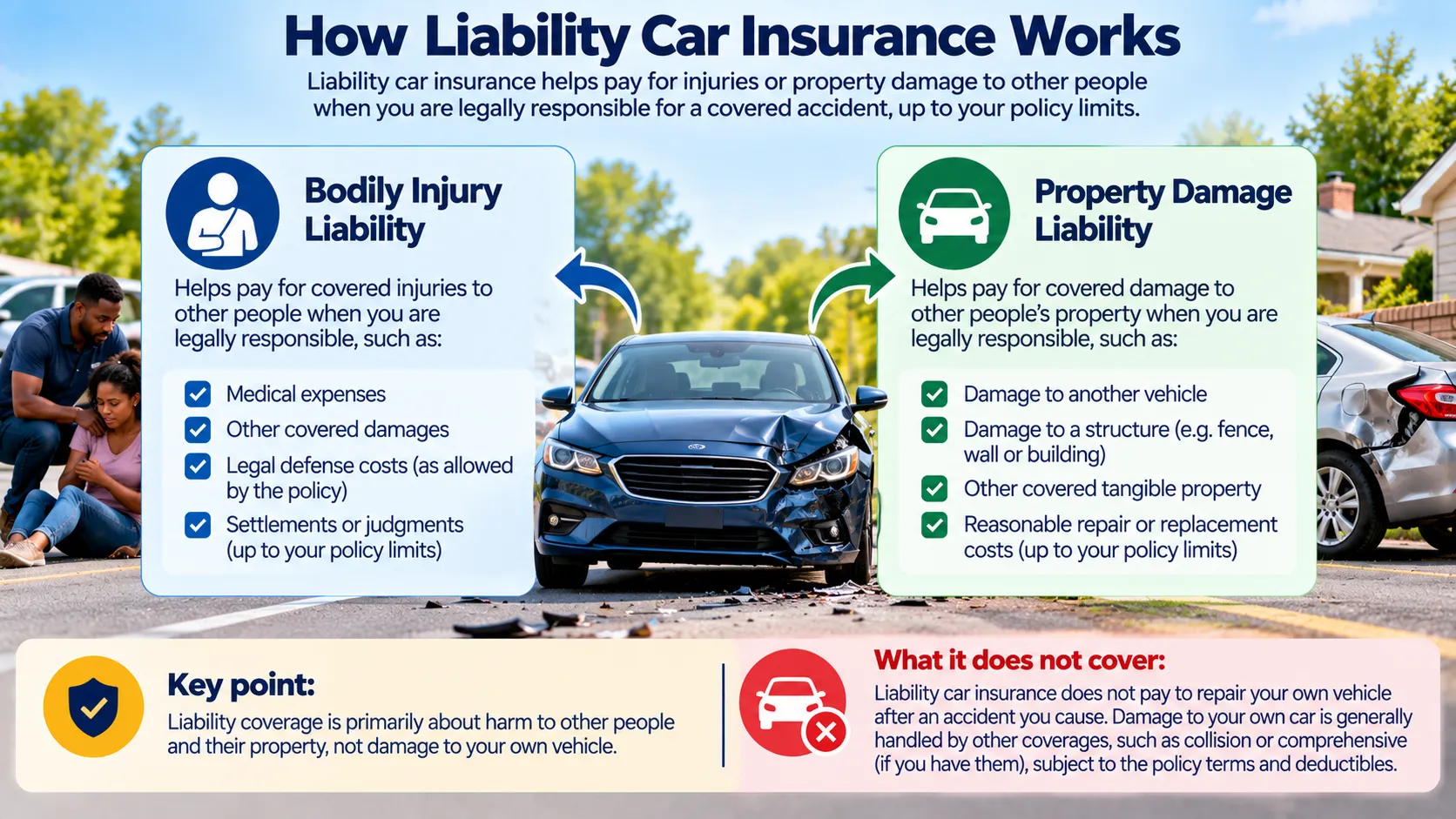 Diagram explaining bodily injury and property damage liability coverage for covered harm caused to other people.