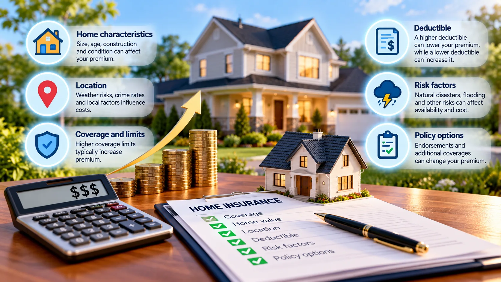 Home insurance cost worksheet with a house, calculator, coins and factors that can affect homeowners insurance premiums.