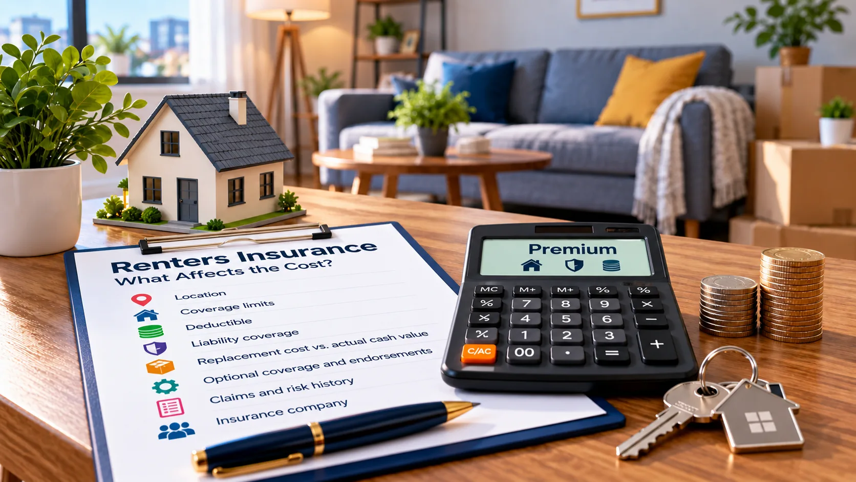 Renters insurance cost worksheet with a calculator, coins and factors that can affect monthly premiums.