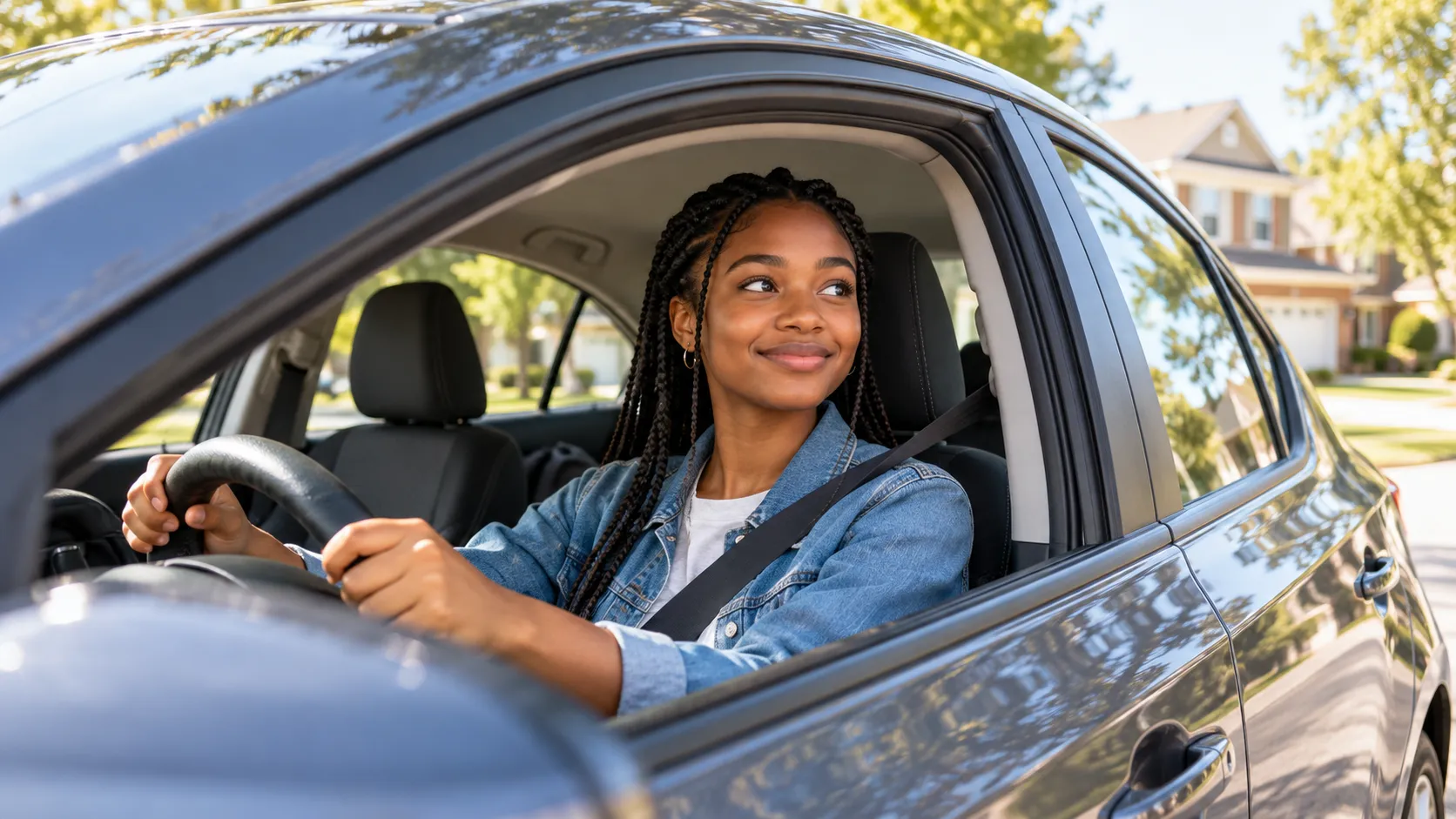 Driver comparing car insurance options while sitting in her car.
